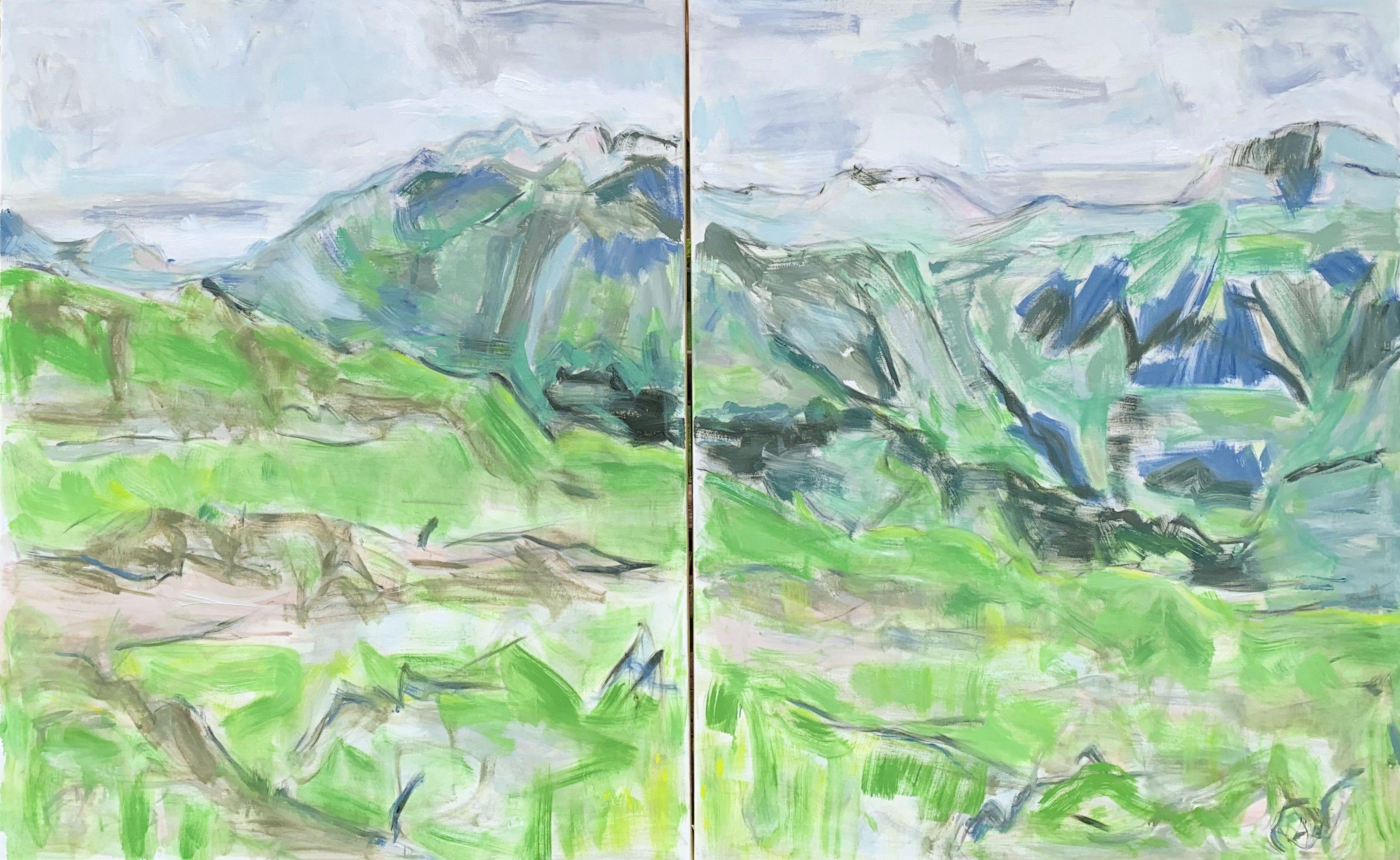 "Rocky Mountain Pass" is a free-spirited lively abstract landscape diptych oil painting on two large canvases by Chairish's award winning artist and trusted seller, Trixie Pitts. It is painted largely with a very soft, palette of light gray, robin's
