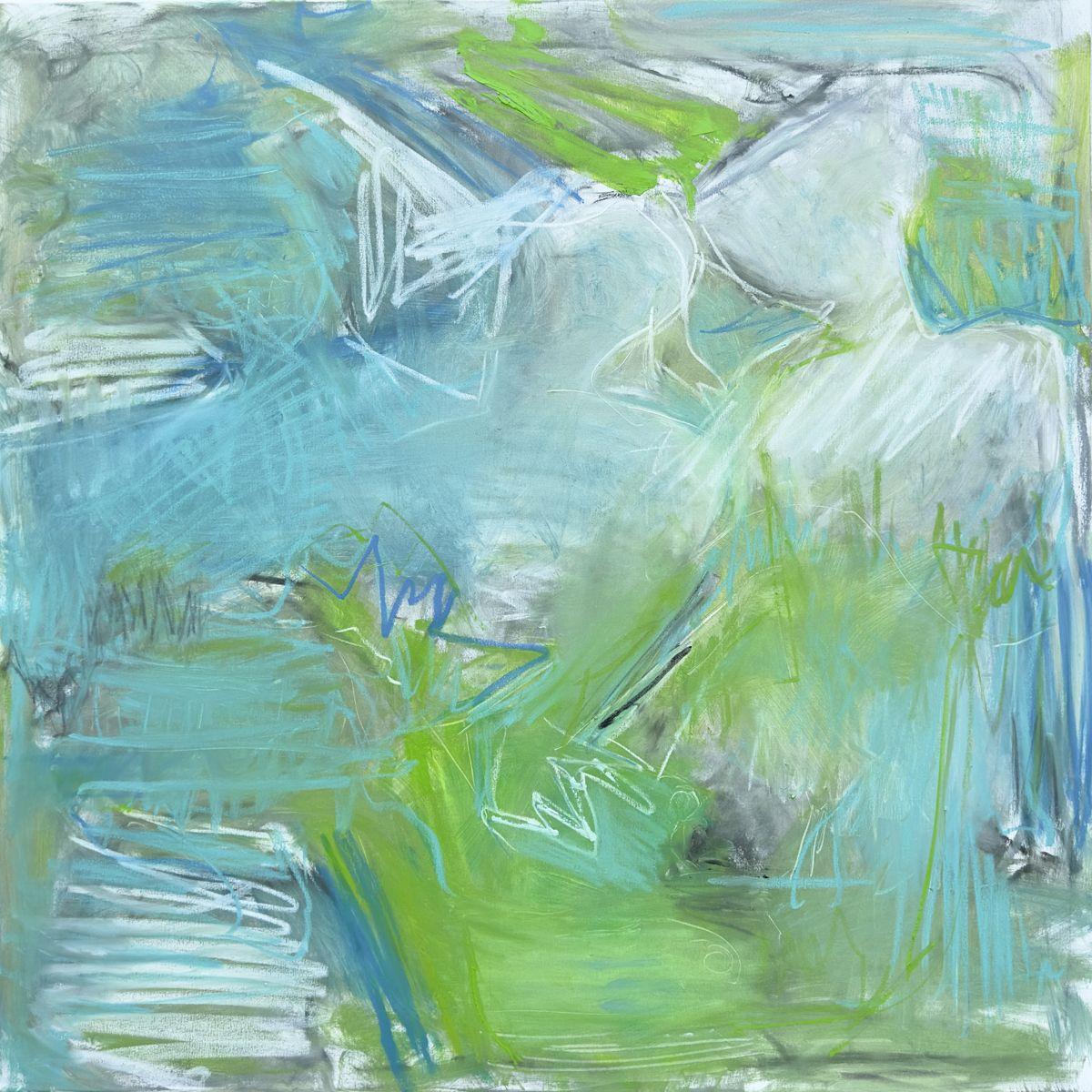 "Electricity" is a large abstract expressionist oil painting on canvas by artist Trixie Pitts. The palette consists of bright green, light blue, blue, robin's egg turquoise, white with a hint of black. The lively brushwork, bold strokes and