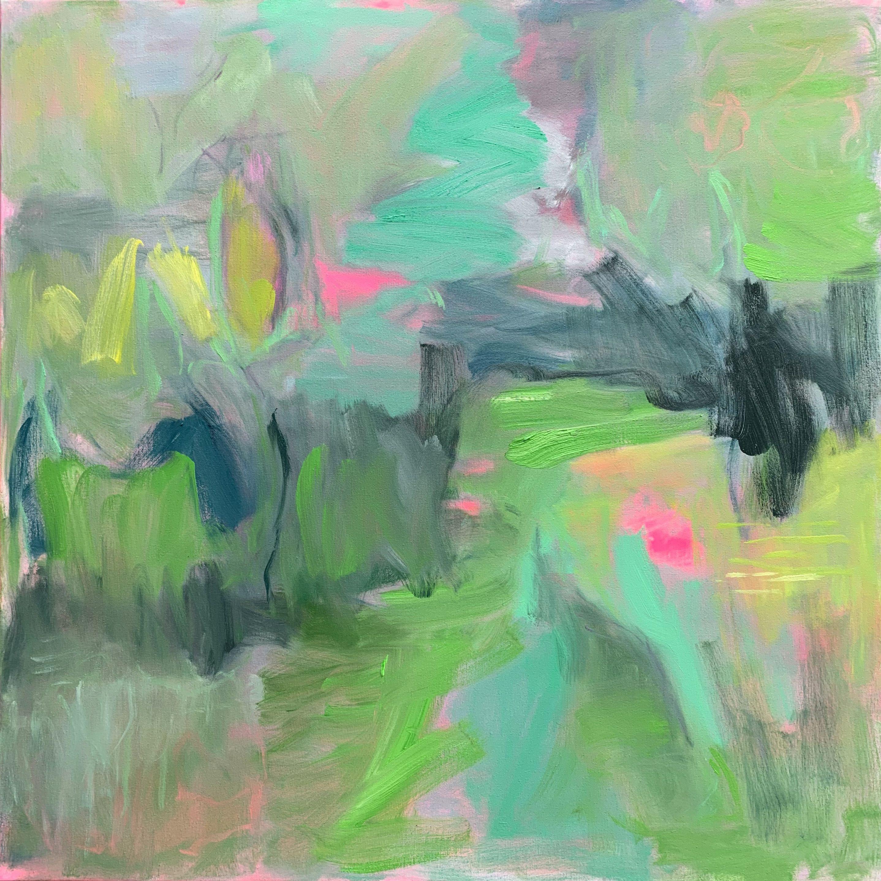 "Forest Floor" is an abstract expressionist oil painting on canvas by popular US artist, Trixie Pitts. The palette is bright and refreshing, and includes a wide range of color including robin's egg blue, bright pink, bright green, light green, dark