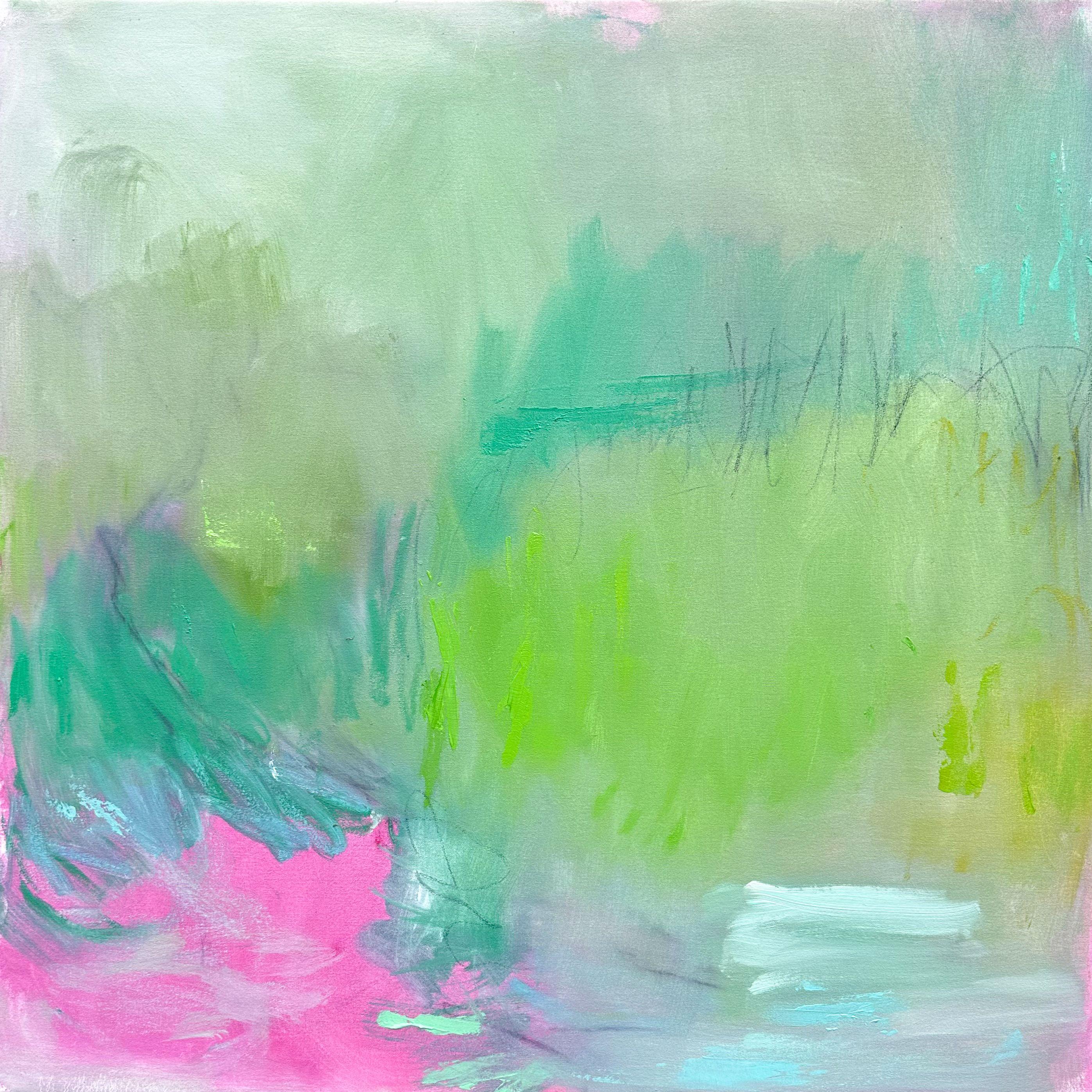 "Morning Mist" is an abstract expressionist oil painting on canvas by Trixie Pitts, a trusted artist seller. The palette is delightfully fresh and uplifting and consists of different smoky celadon green, light and bright greens, teal, chartreuse,