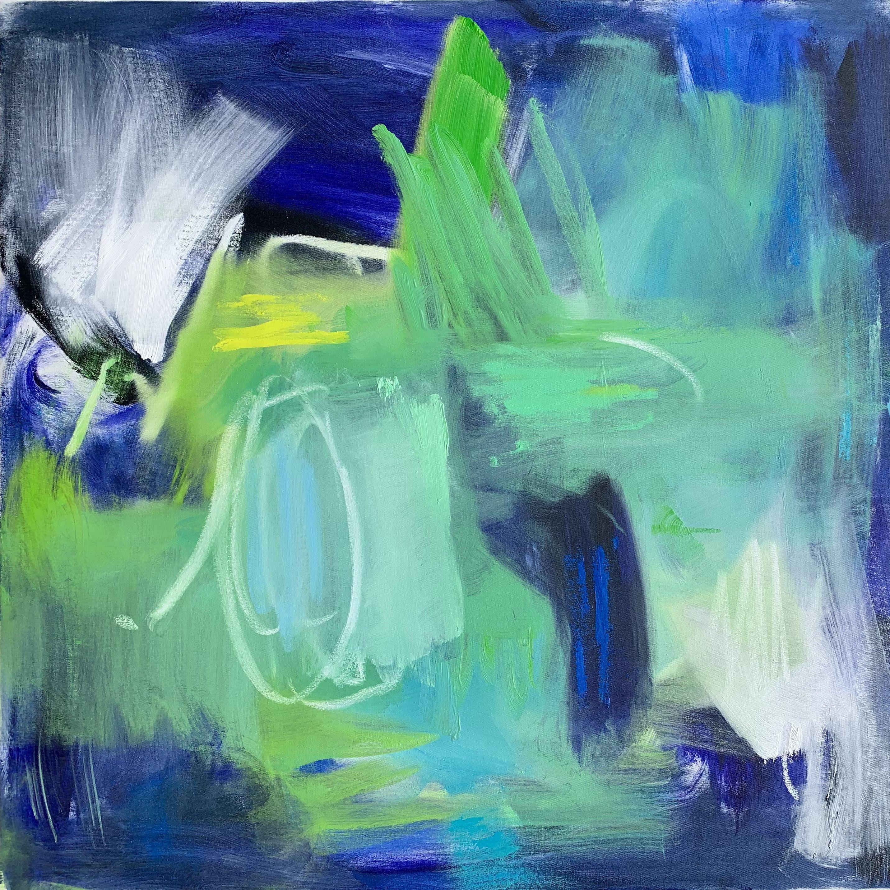 "Nantucket" is a stunning, dynamic show-stopper of an oil painting on canvas in the abstract expressionist style by Trixie Pitts, a trusted artist seller. The daring palette is bold and includes bright green, bright blue, dark blue, robin's egg