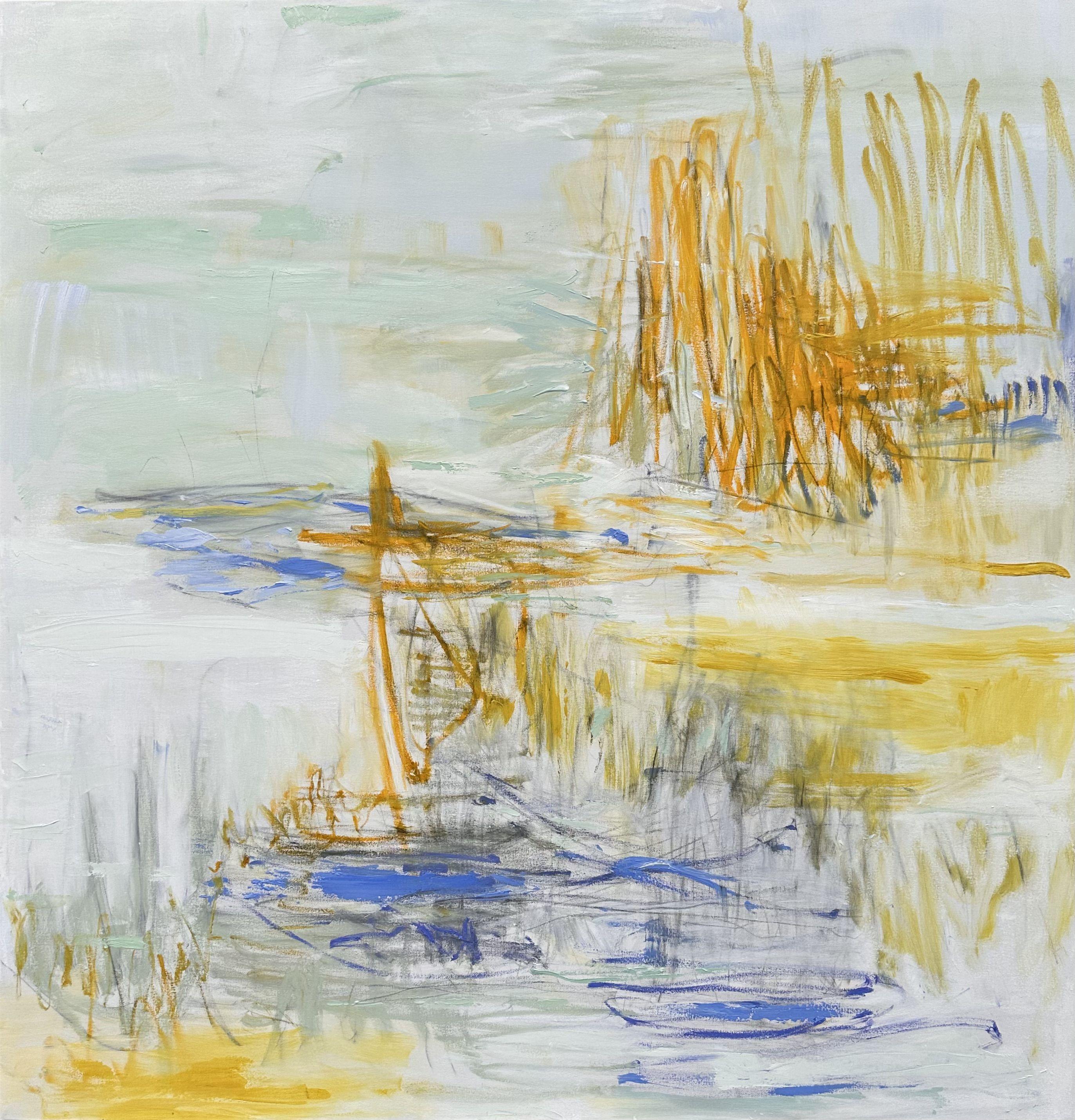 "Sea Island" is a large dynamic abstract expressionist landscape oil painting on canvas by Trixie Pitts, a trusted artist seller. The bright and refreshing components of the palette are beautifully contrasted with soft, muted pale tones. The palette