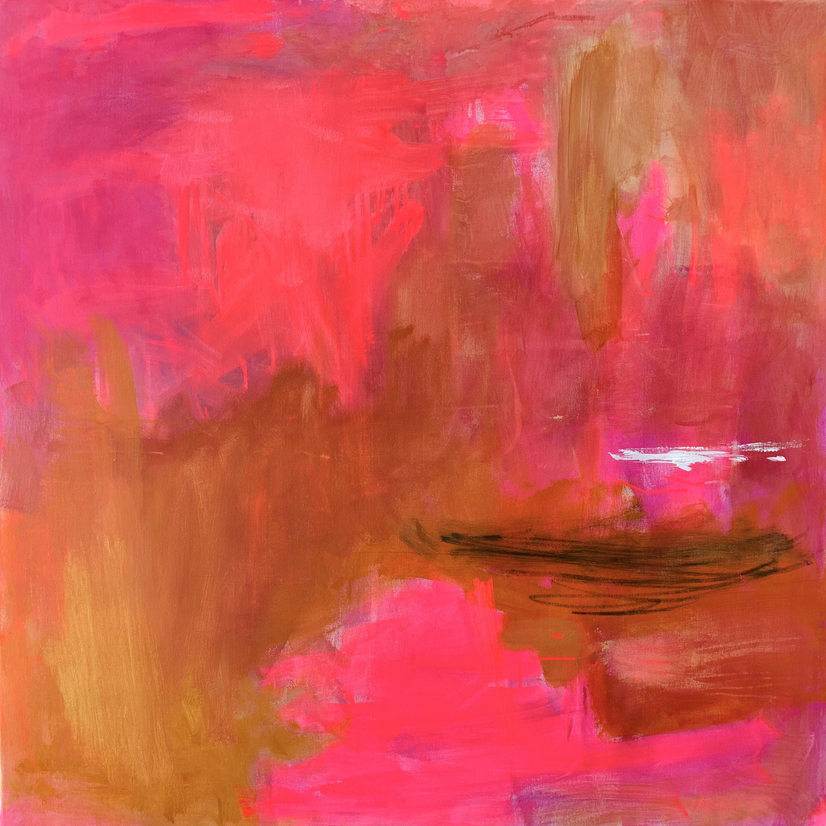 "Sonoran Sunset" is a stunning extra-large, abstract expressionist acrylic and oil painting on canvas by Nashville artist, Trixie Pitts. The palette is bright, bold and warm with hot pink, bright peach, magenta, and golden tan with a dash of black