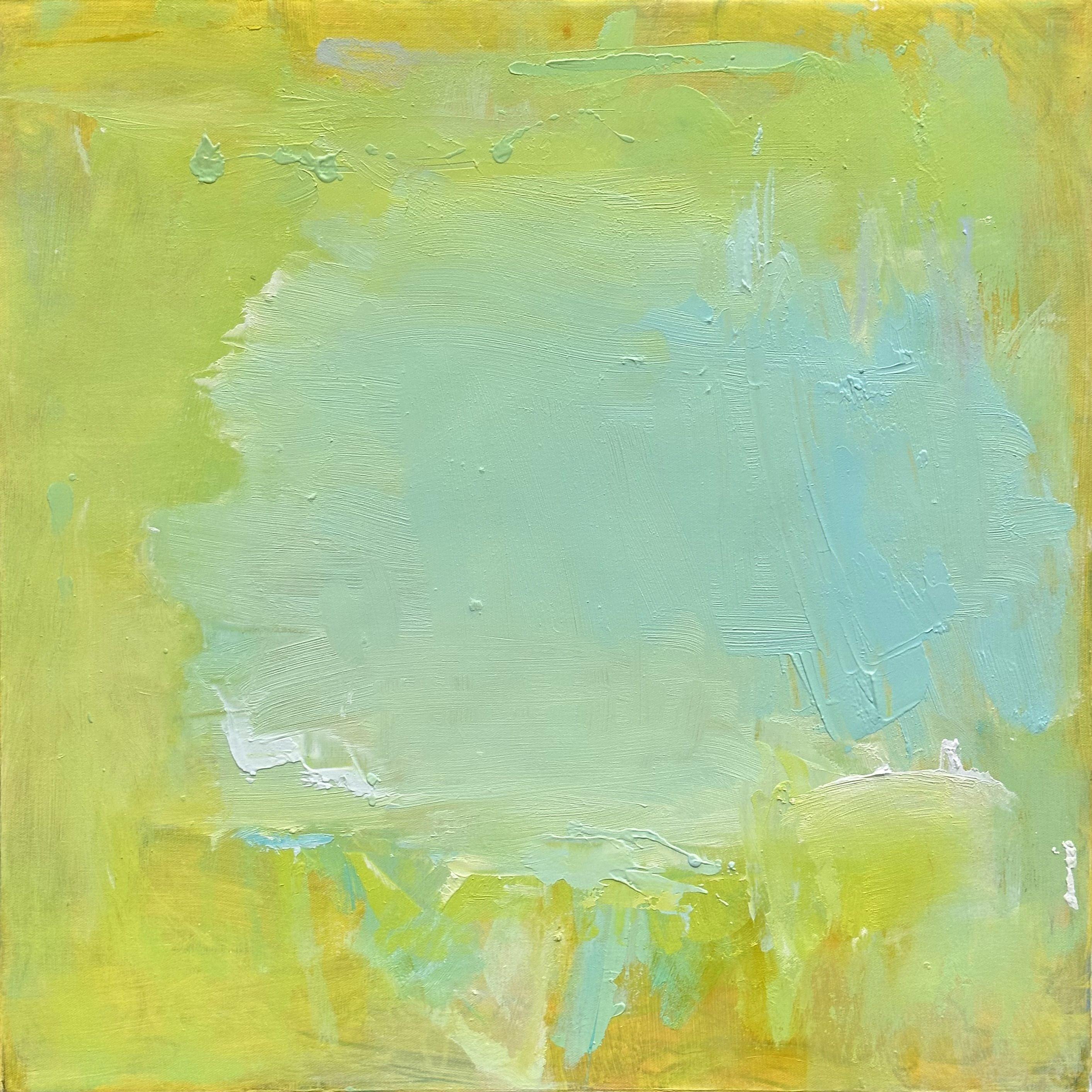 "Spring Palette 2" is an abstract expressionist oil painting on canvas by Trixie Pitts. The palette is delightfully fresh and uplifting and consists of different yellow hues, bright light green, chartreuse, robin's egg turquoise, sky blue and white.