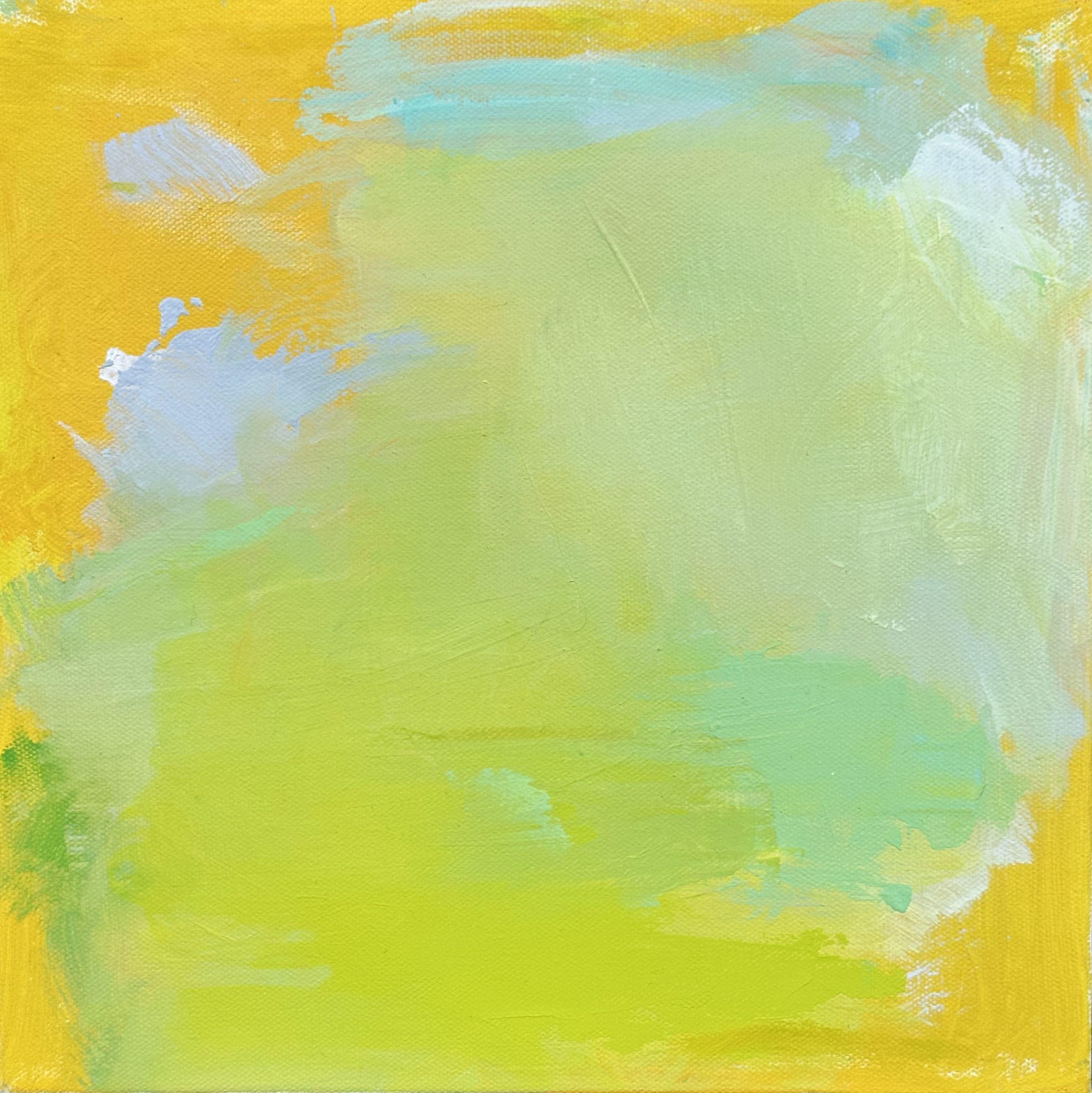 "Spring Palette 3" is a bright little abstract expressionist oil painting on canvas by Trixie Pitts. The palette is delightfully fresh and uplifting and consists of bright warm yellow, chartreuse, light green, robin's egg turquoise, sky blue and