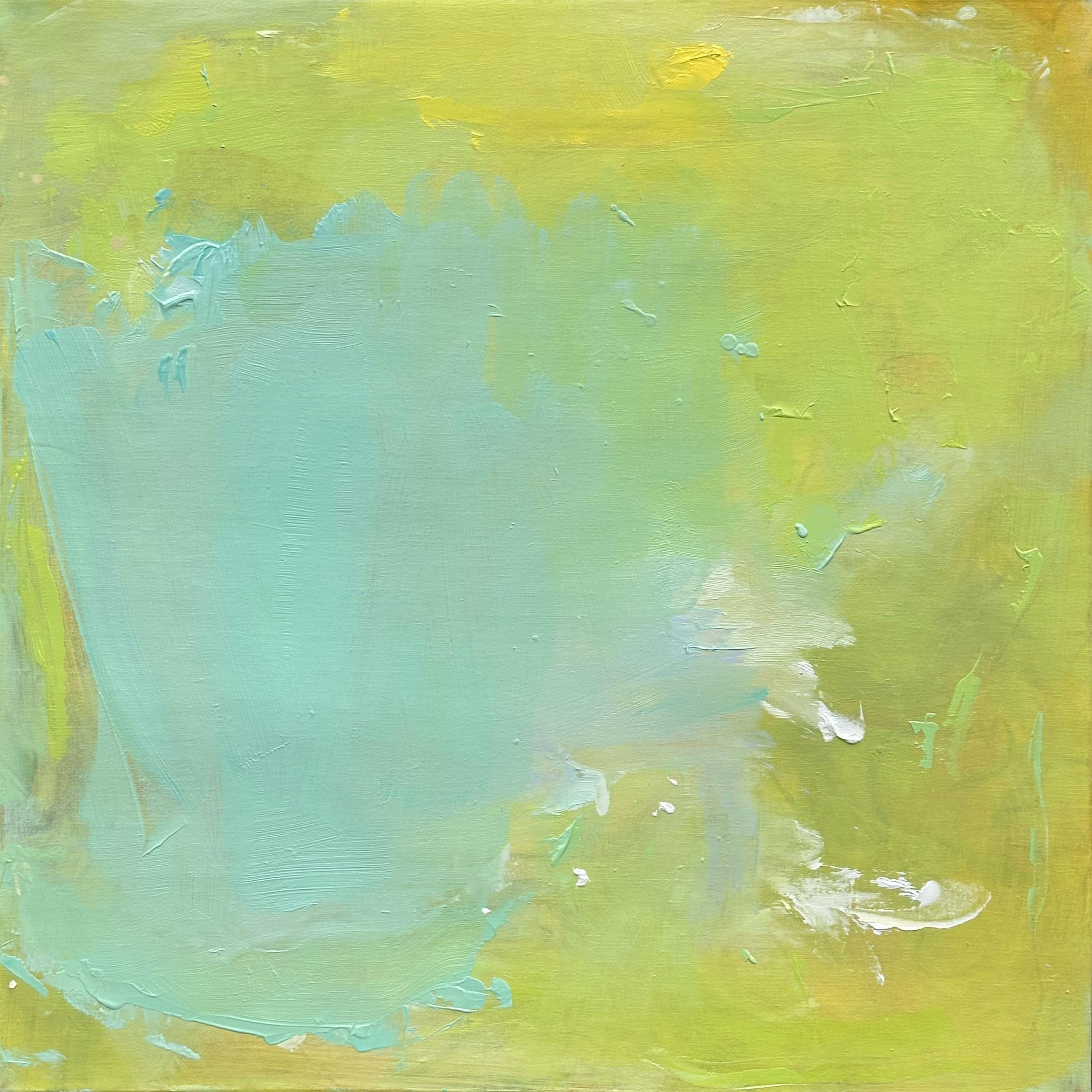 "Spring Palette" is an abstract expressionist oil painting on canvas by Trixie Pitts. The palette is delightfully fresh and uplifting and consists of different yellow hues, bright light green, chartreuse, robin's egg turquoise, sky blue and white.