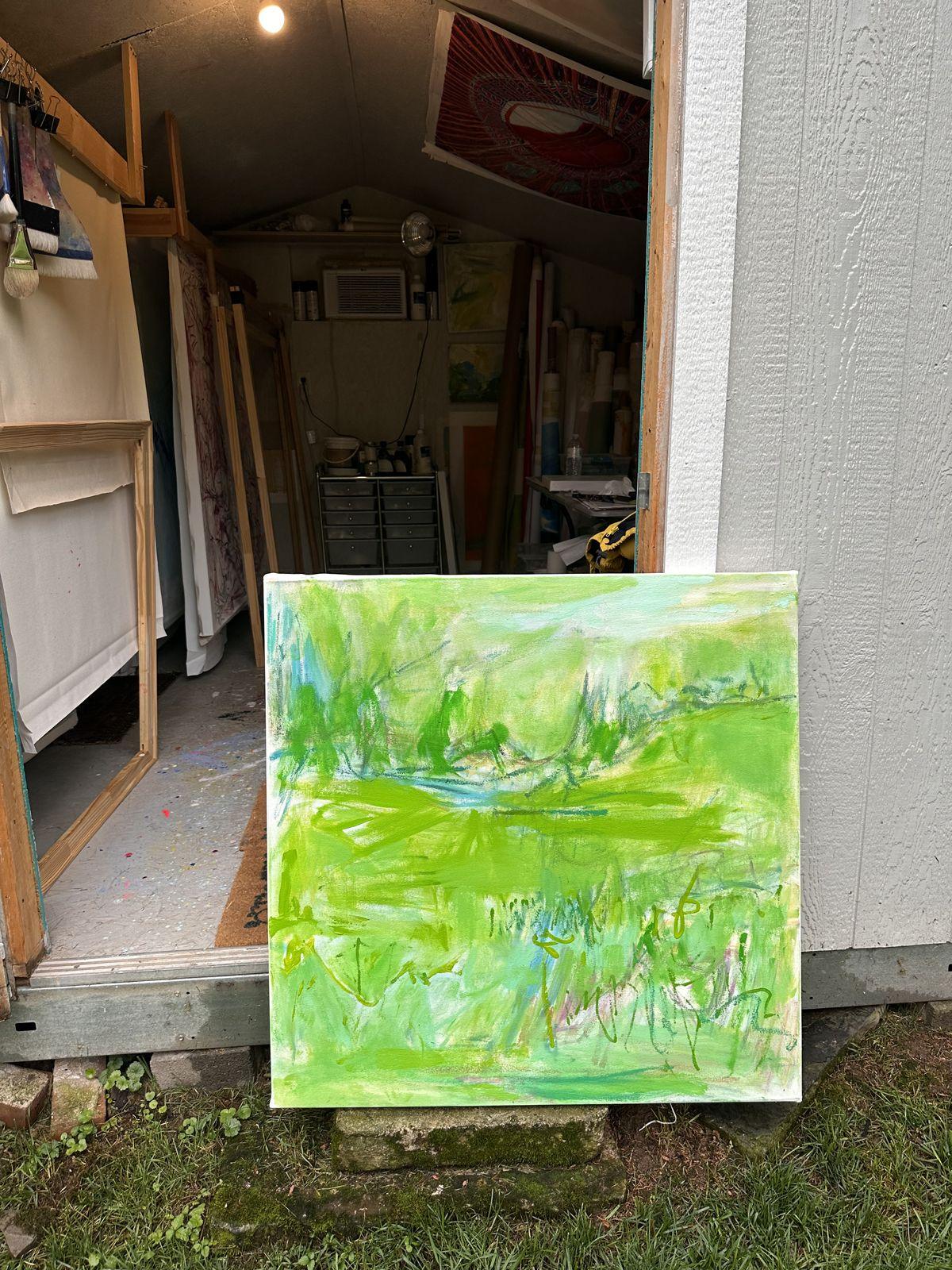 Il verde del villaggio, Pittura, Olio su tela in vendita 2