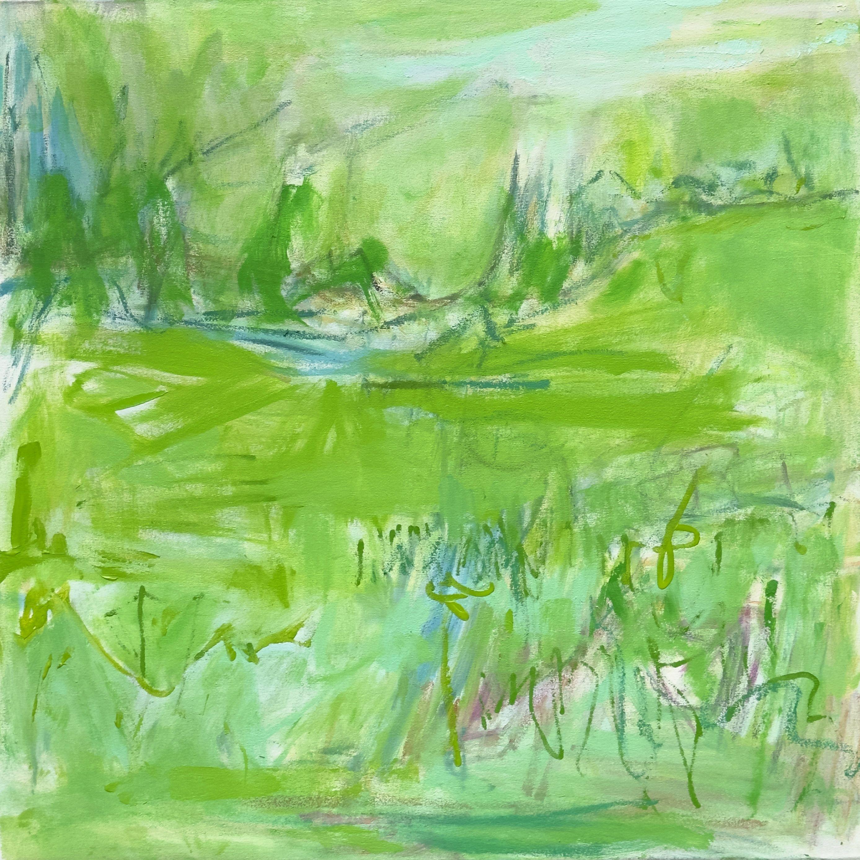 "Nashville Green" is a abstract expressionist oil painting on canvas by Trixie Pitts. It is a vibrant abstract inspired by Nashville and how green it is. The palette has a wide range of different greens, robin's egg turquoise, teal and a hint of