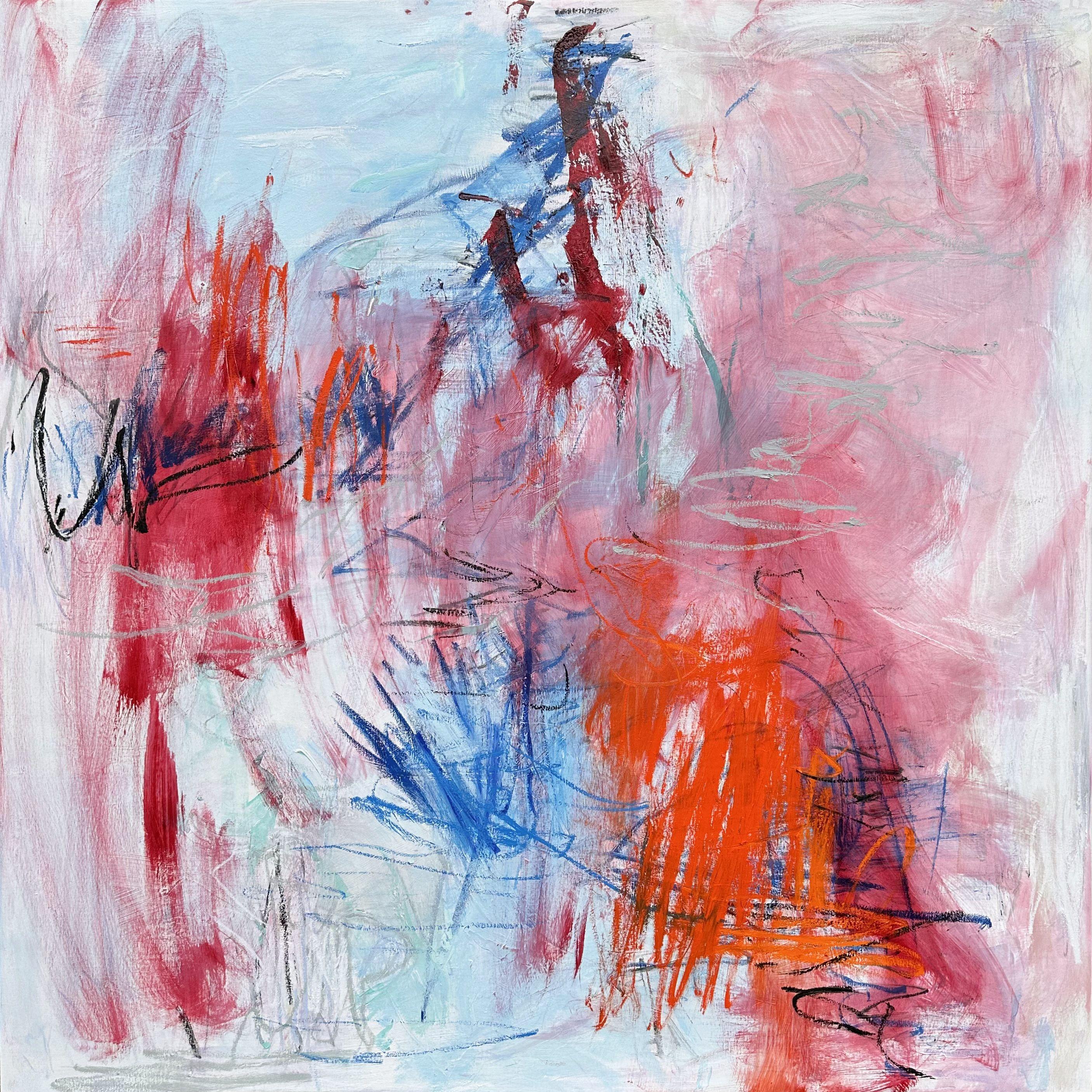 "Witness Statement" is a new dynamic abstract expressionist oil painting on canvas by Trixie Pitts. The painting is bright, intense, and totally captivating. The dynamic style, full of energy, almost seems like a cross between Twombly and Basquiat!