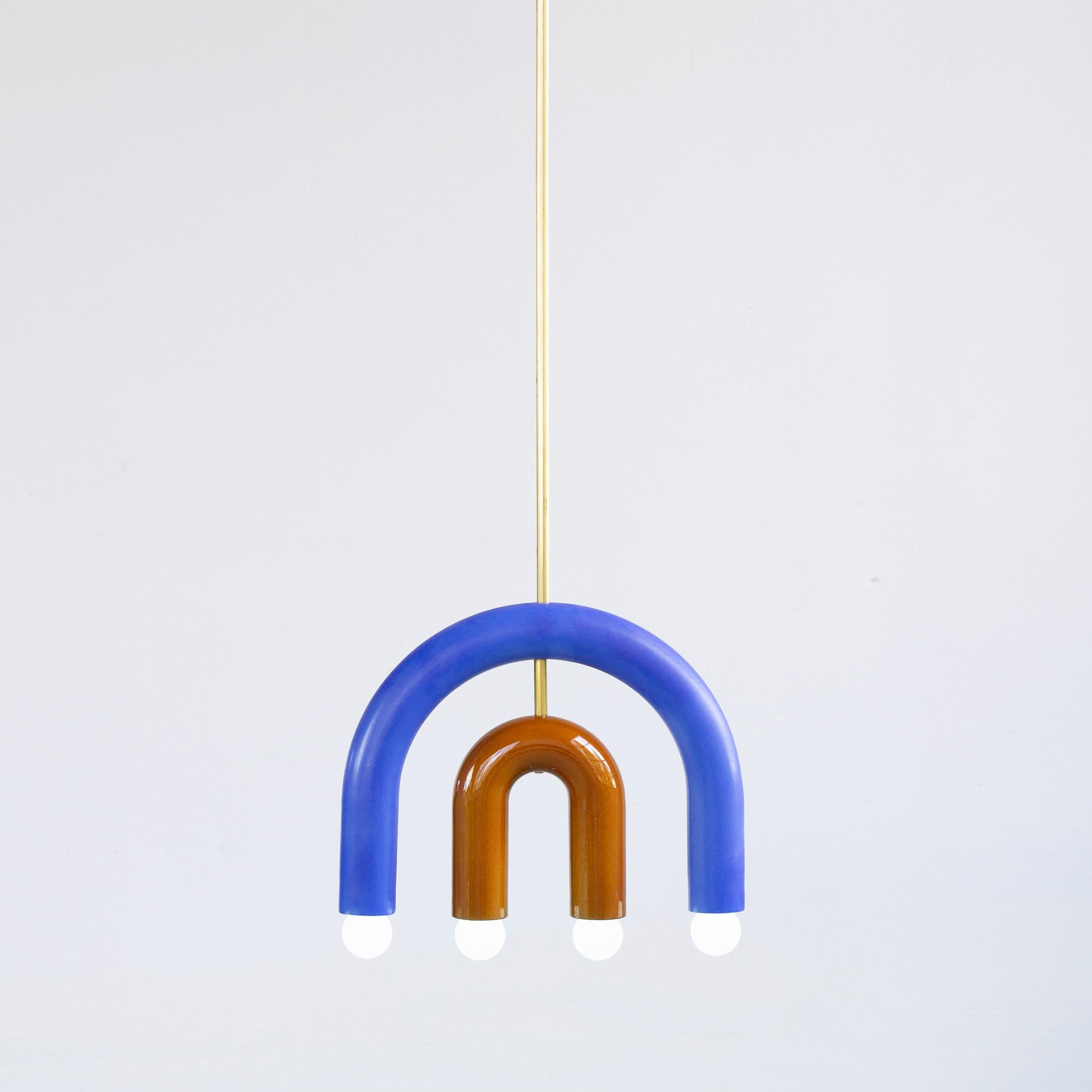 TRN C1 pendant lamp I by Pani Jurek
Dimensions: D 5 x W 35 x H 28 cm 
Material: Hand glazed ceramic and brass.
Available in other colors.
Lamps from the TRN collection hang on a metal tube, not on a cable. This allows the lamp to be mounted in a