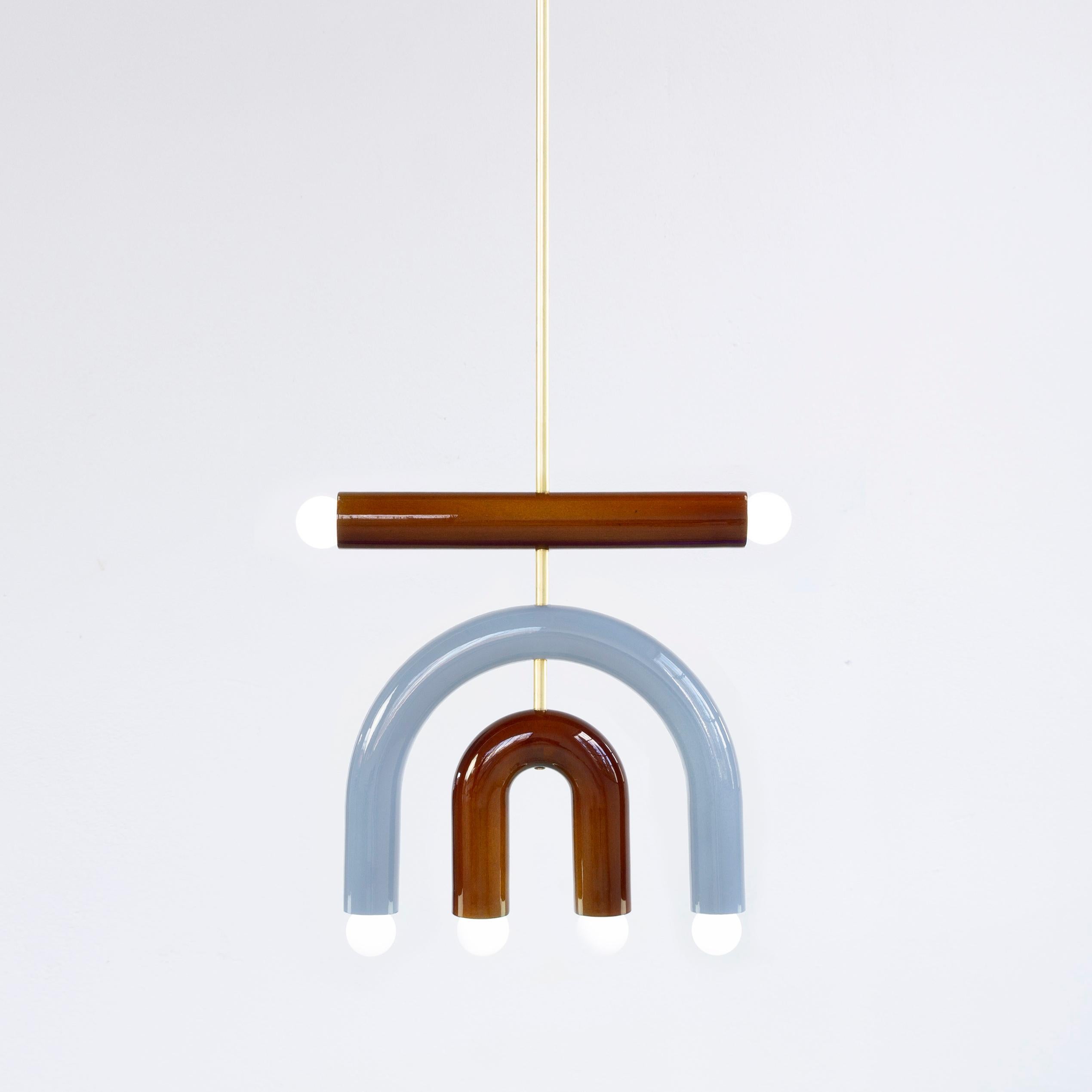 TRN D1 pendant lamp V by Pani Jurek
Dimensions: D 5 x W 35 x H 38 cm 
Material: Hand glazed ceramic and brass.
Available in other colors.
Lamps from the TRN collection hang on a metal tube, not on a cable. This allows the lamp to be mounted in a
