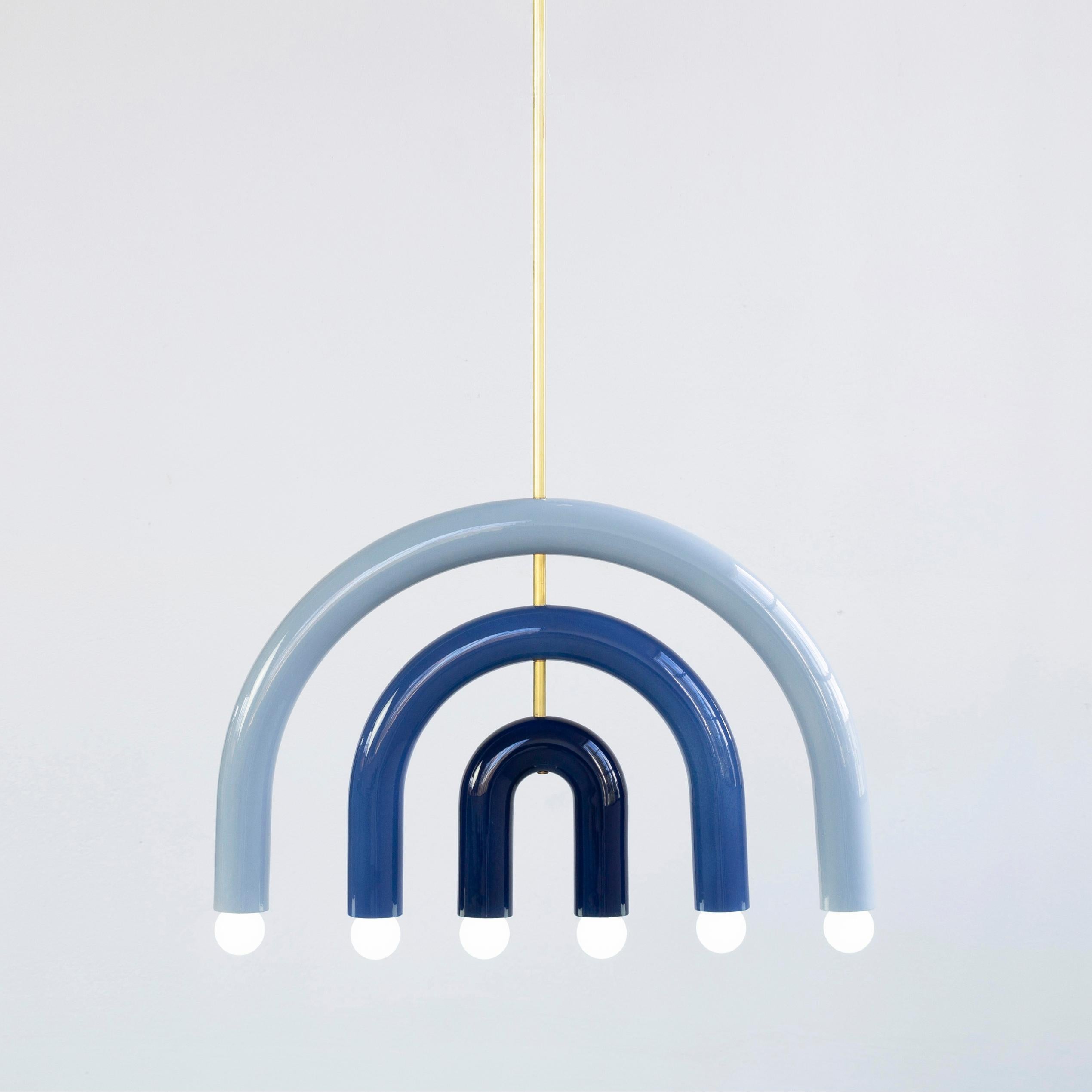 TRN F1 pendant lamp by Pani Jurek
Dimensions: D 5 x W 55 x H 38 cm 
Material: Hand glazed ceramic and brass.
Lamps from the TRN collection hang on a metal tube, not on a cable. This allows the lamp to be mounted in a specific position. The length is