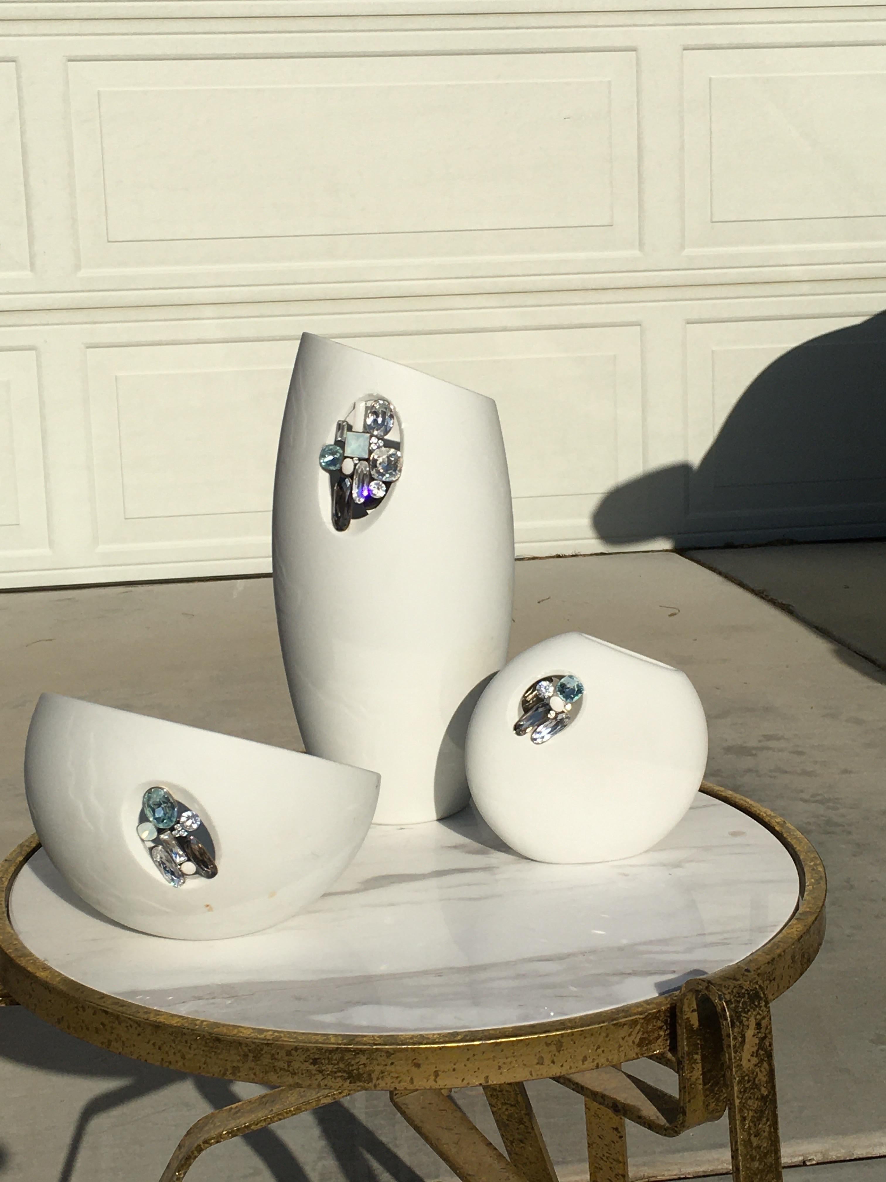 Tro of Swarovski Porcelain & Jeweld Crystal “Milik” Vases Rare Sold Out Edition  For Sale 2