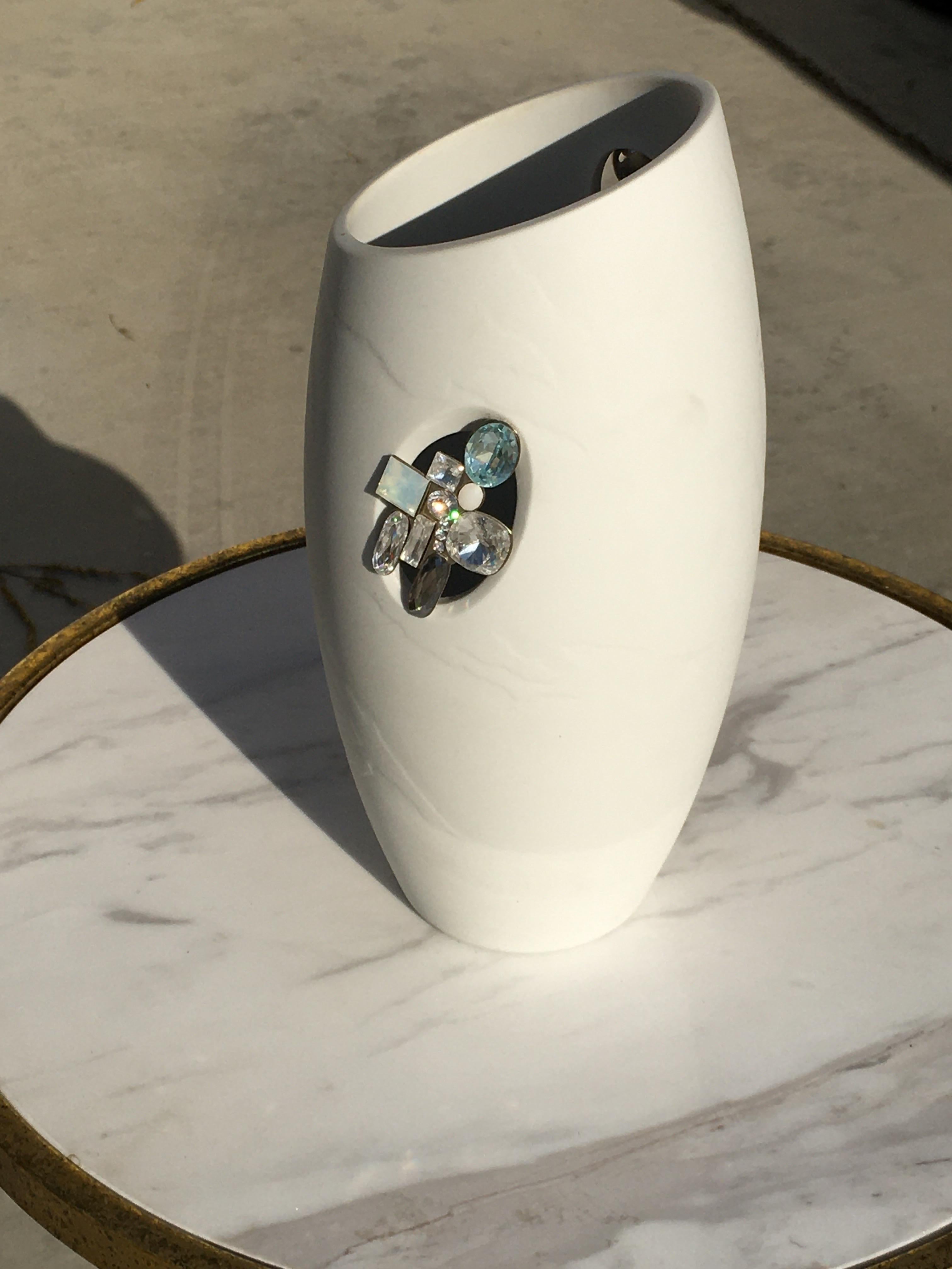 Modern Tro of Swarovski Porcelain & Jeweld Crystal “Milik” Vases Rare Sold Out Edition  For Sale