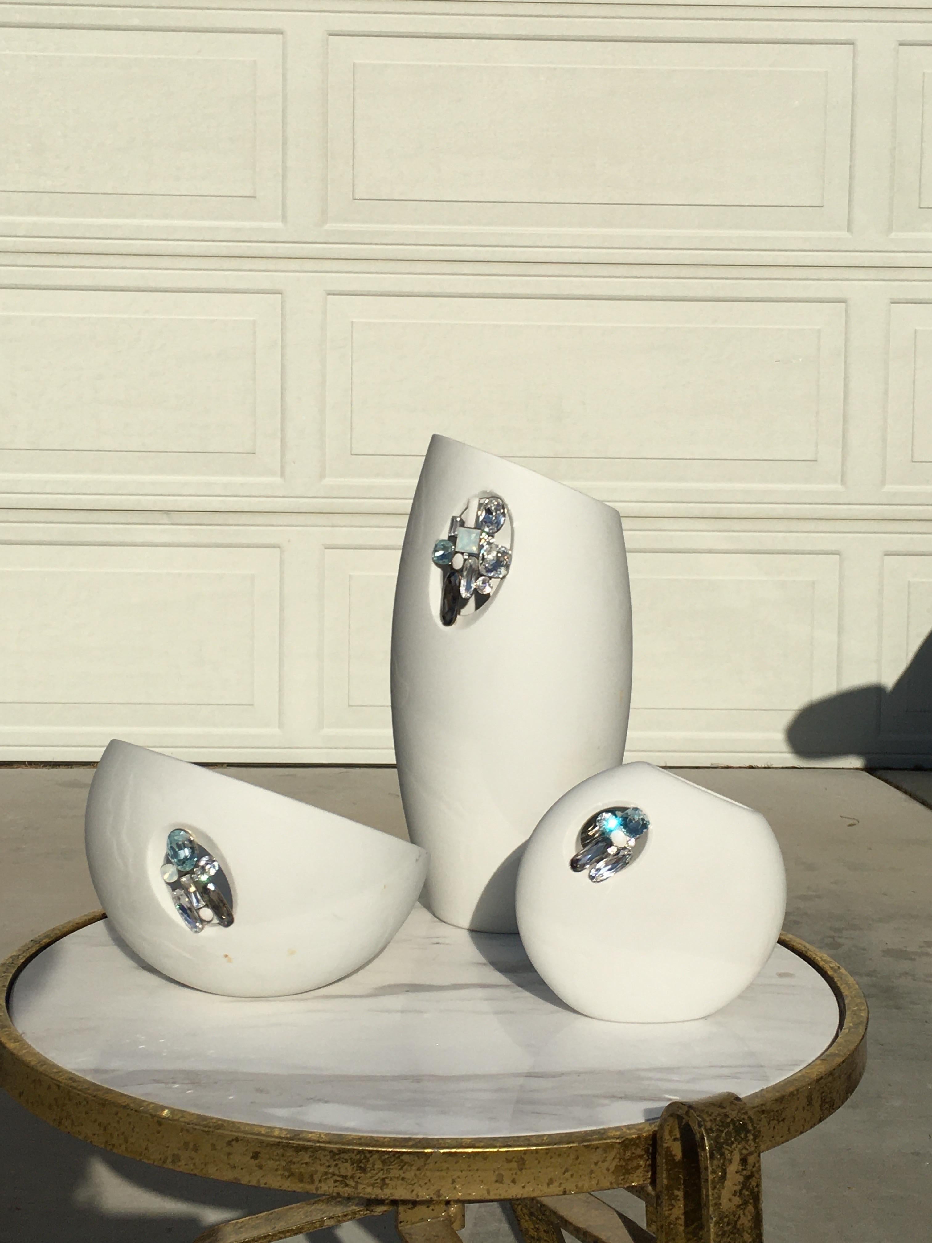 Austrian Tro of Swarovski Porcelain & Jeweld Crystal “Milik” Vases Rare Sold Out Edition  For Sale