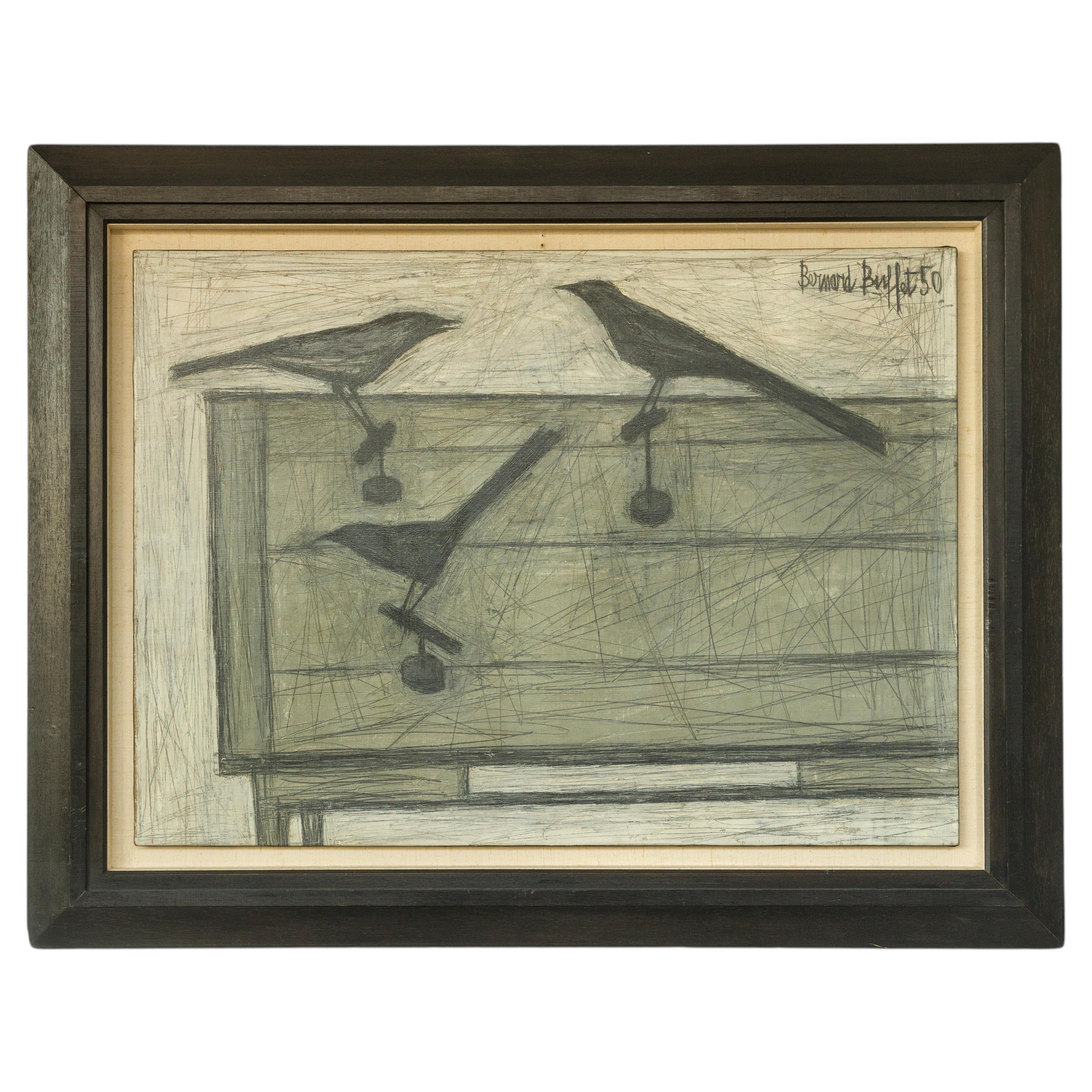 "Trois Oiseaux sur Une Table" Oil Painting by Bernard Buffet, Circa 1950, France For Sale