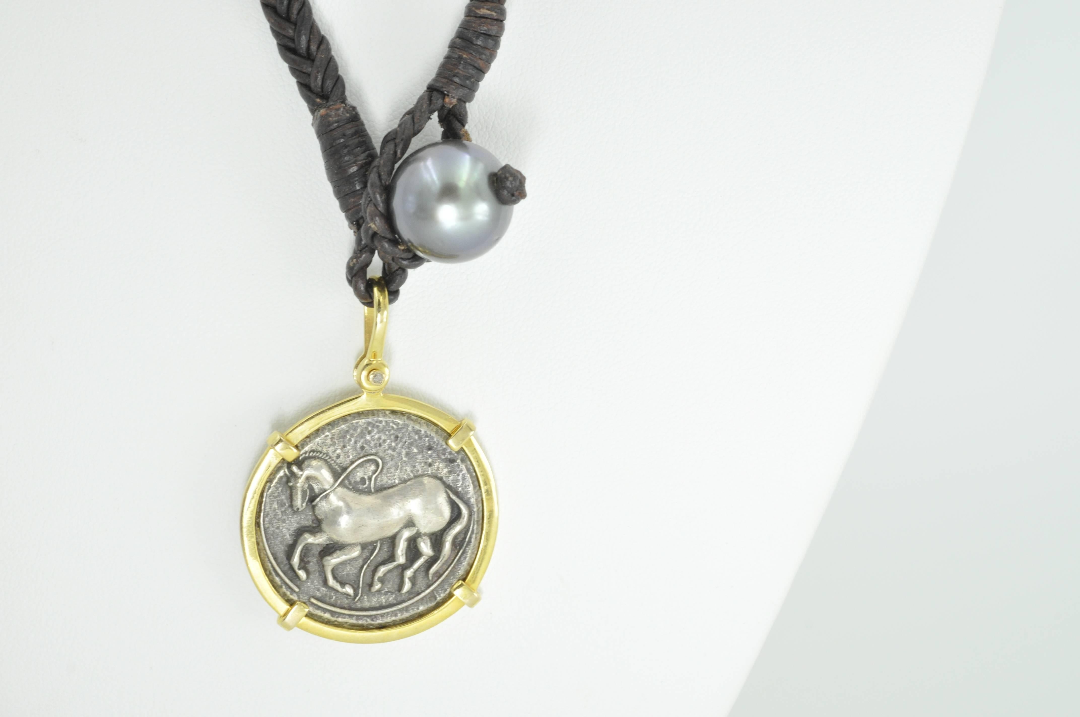 Trojan Coin Leather Necklace In New Condition In Dallas, TX