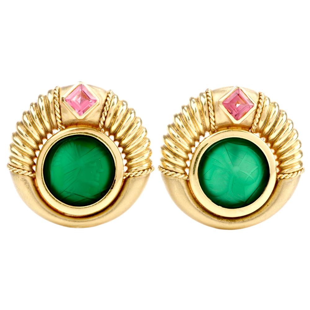 Trojan Onyx Pink Tourmaline 18 Karat Green Gold Circular Earrings