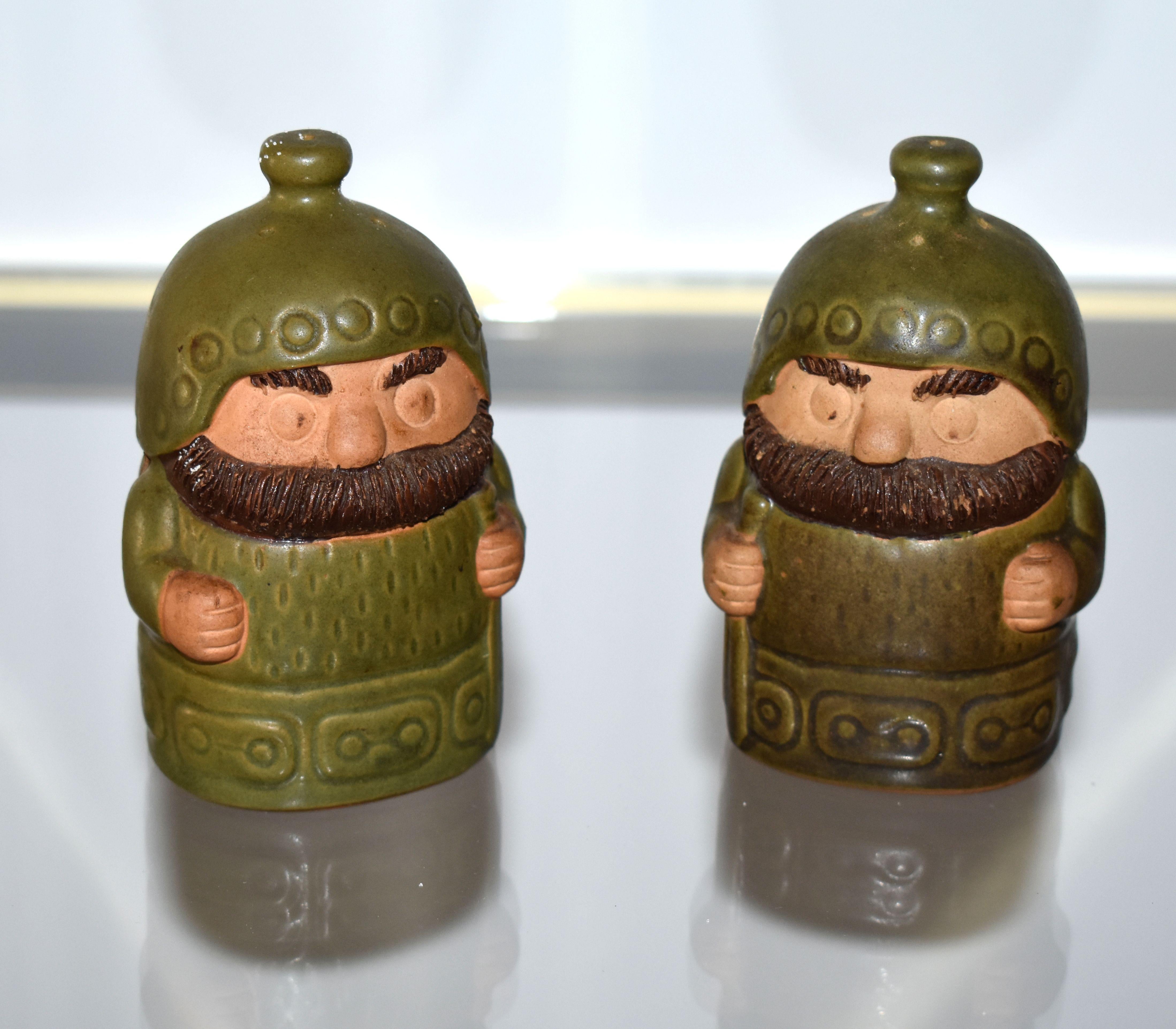 Set of salt and pepper hand painted on terracotta trolls knight figurines.