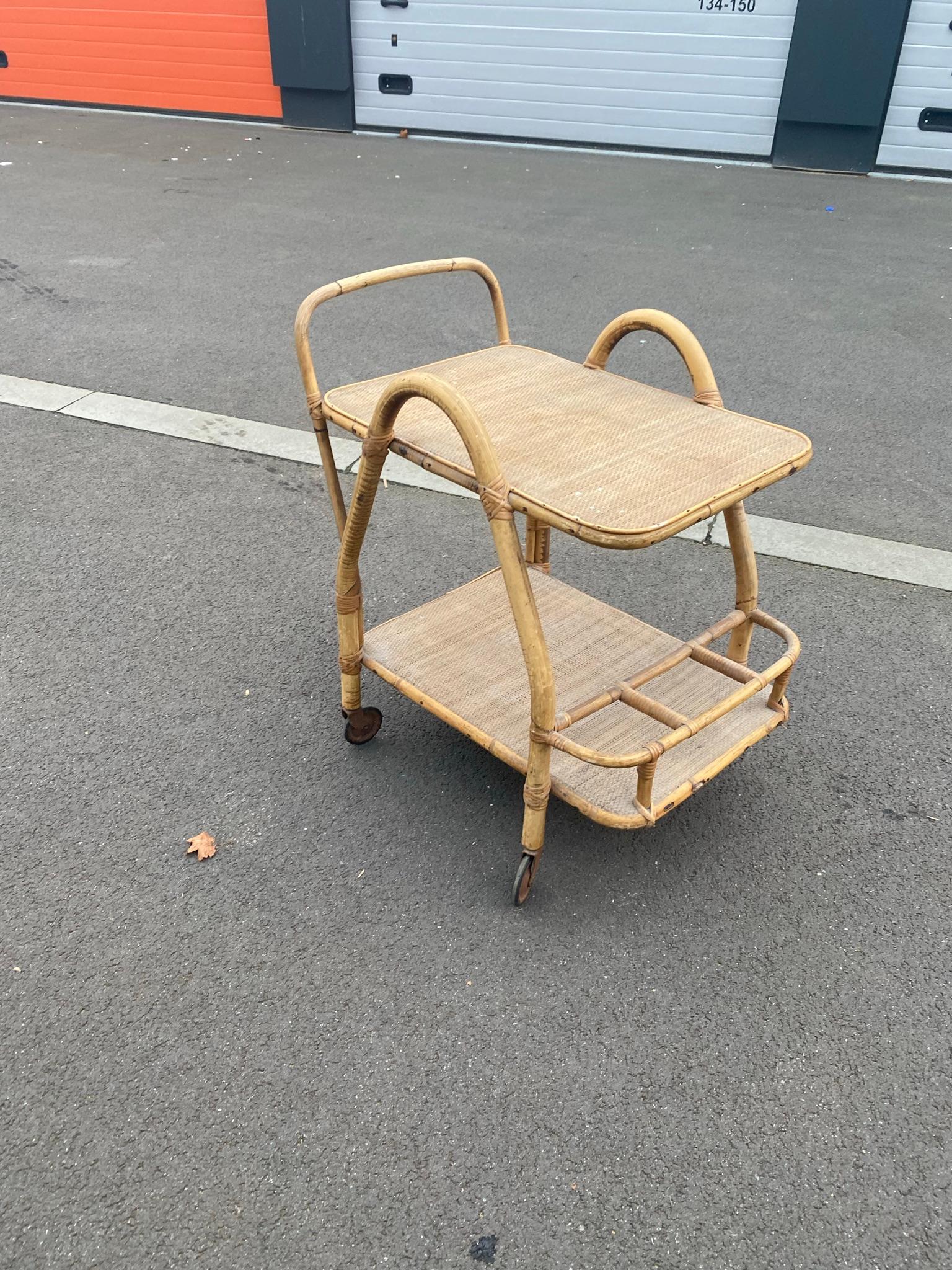 Mid-Century Modern Trolley Bar in bamboo and Rattan, circa 1950 For Sale