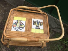 Trolley Bar in Rattan with Roger Capron Ceramic Tiles, circa 1950