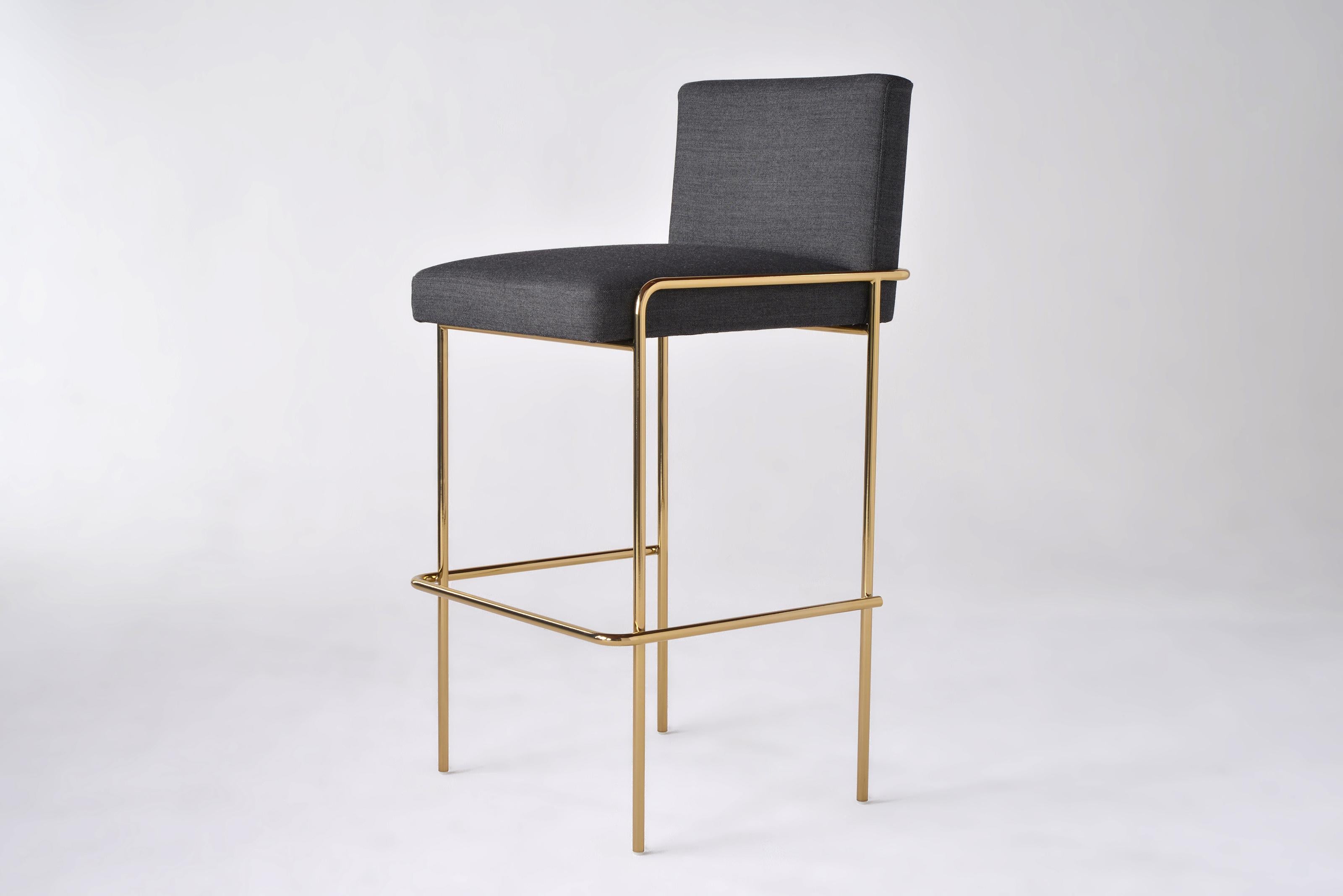 Trolley Bar Stool by Phase Design
Dimensions: D 54 x W 52.1 x H 99.1 cm. Seat Height: 73.7 cm.
Materials: Upholstery and smoked brass. 

Solid steel bar available in a smoked brass, polished chrome, burnt copper, or powder coat finish with