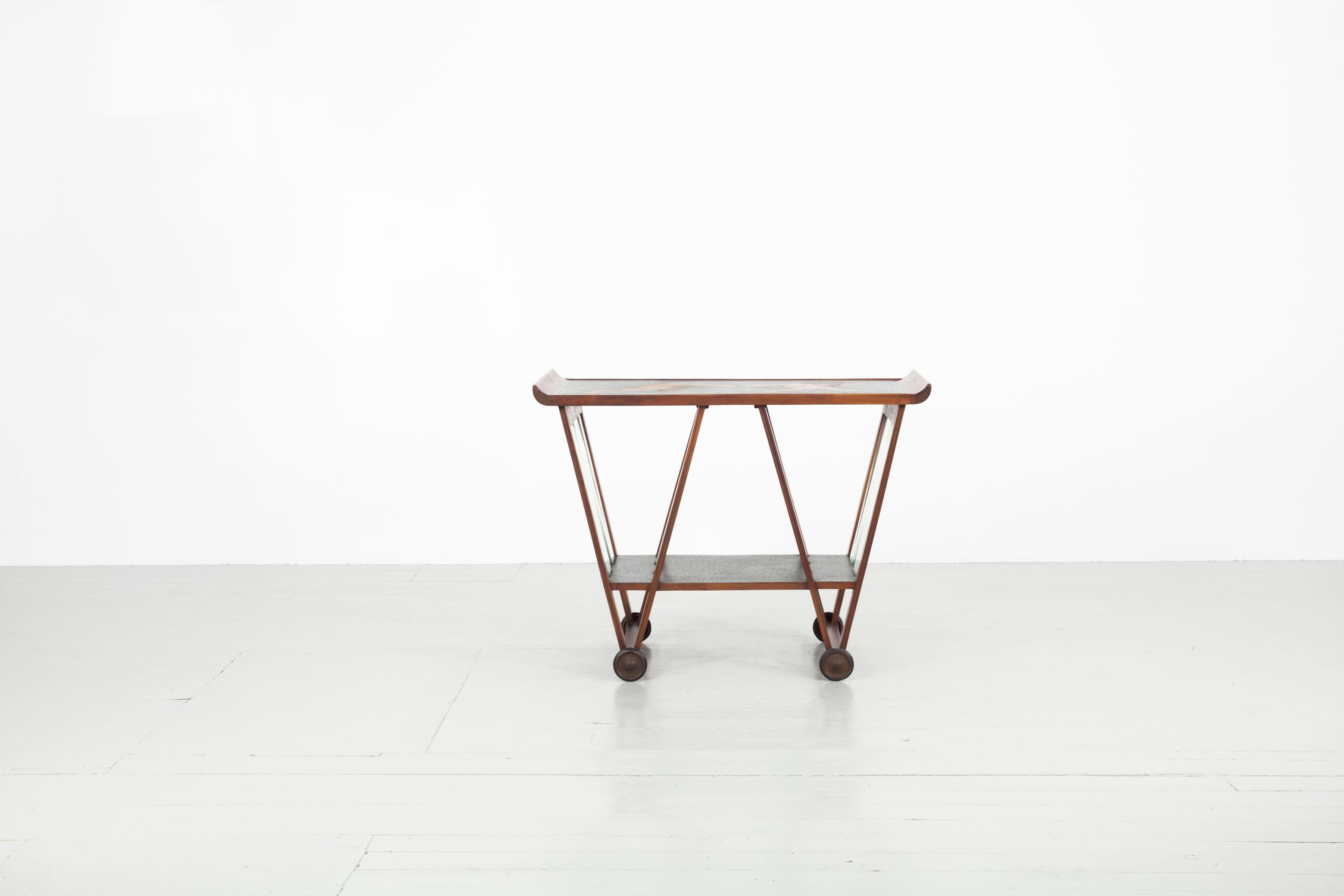 Mid-20th Century Italian Stained Wood Trolley with Lion Figure, 1940s For Sale
