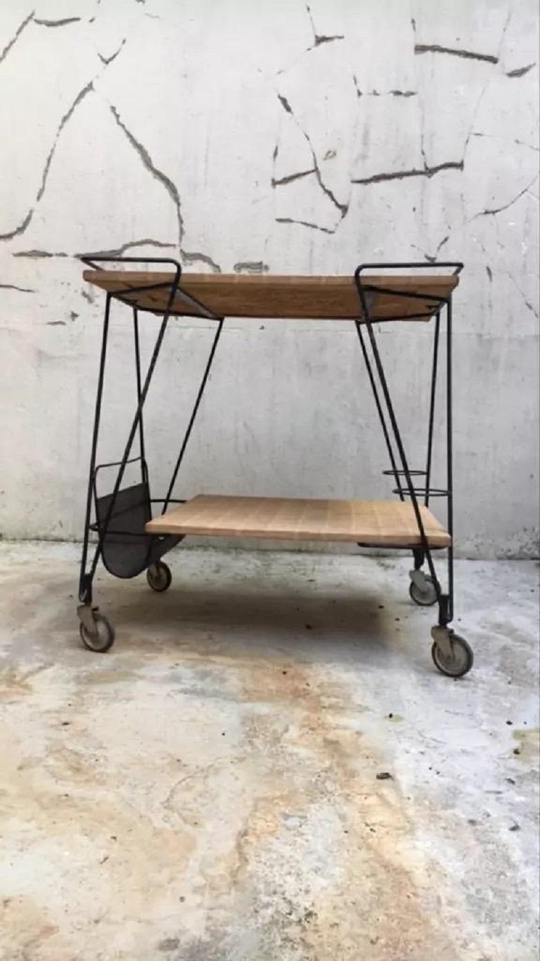Mid-Century Modern Mathieu Mategot Trolley in Wood and Metal Straw  France 