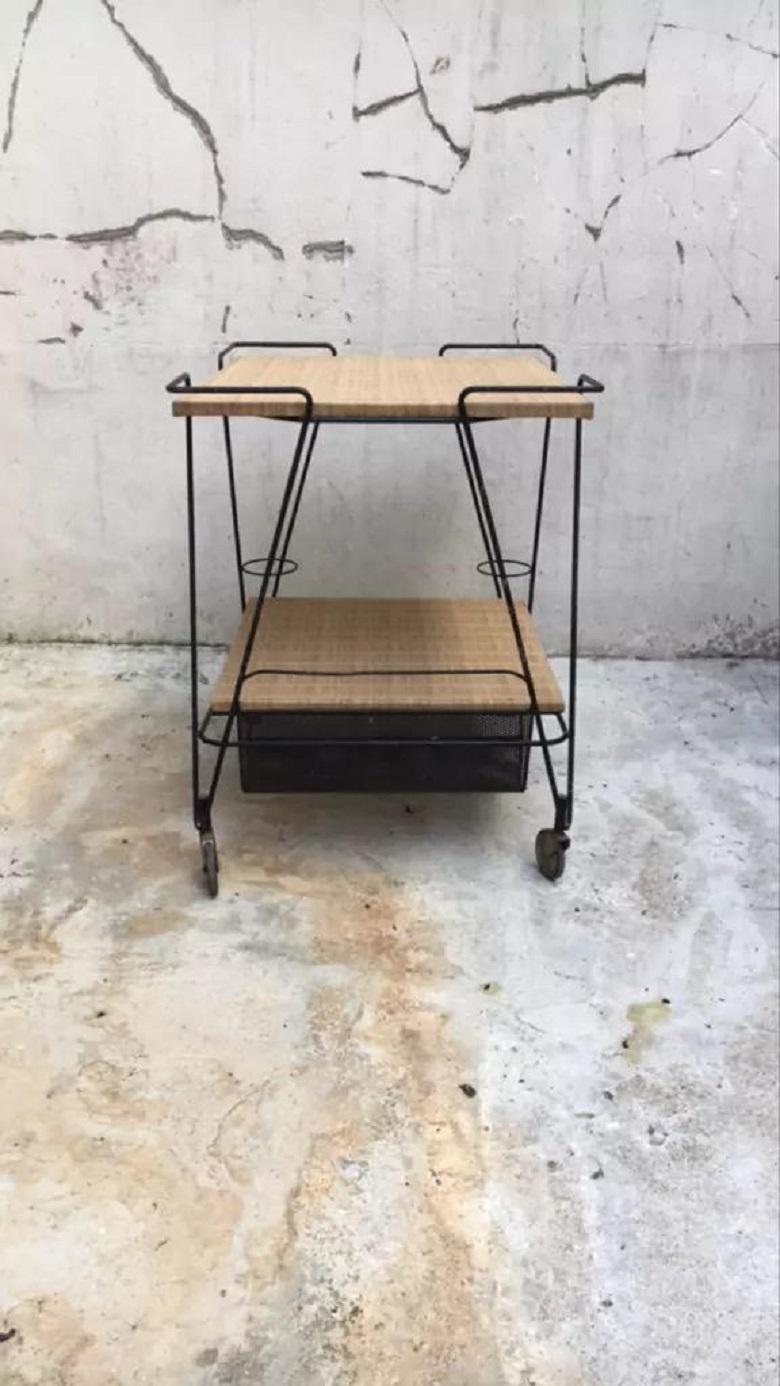 Mathieu Mategot Trolley in Wood and Metal Straw  France  In Fair Condition For Sale In Lège Cap Ferret, FR