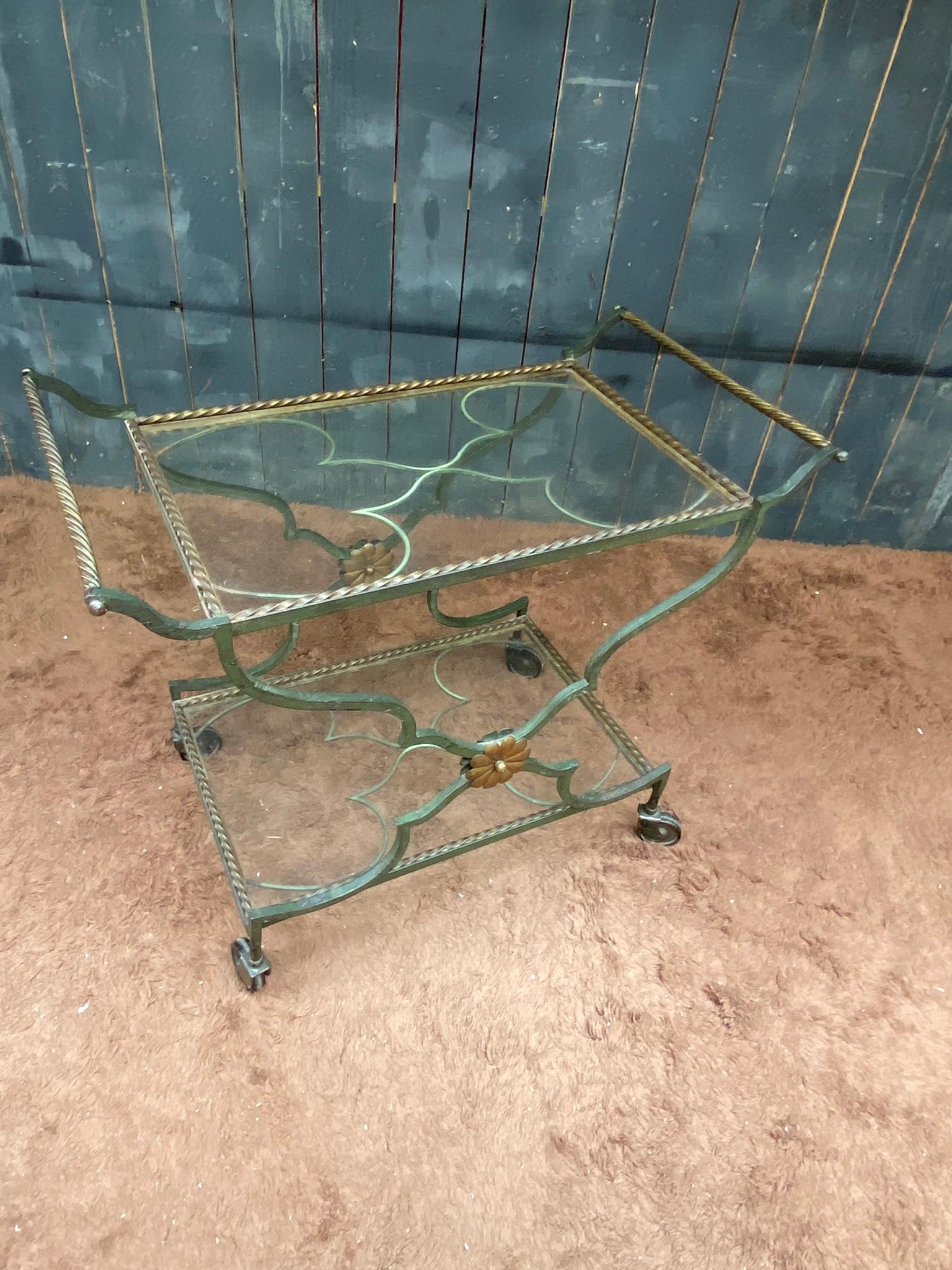 trolley, or art deco bar cart in green and gold patinated metal, circa 1930 For Sale 3