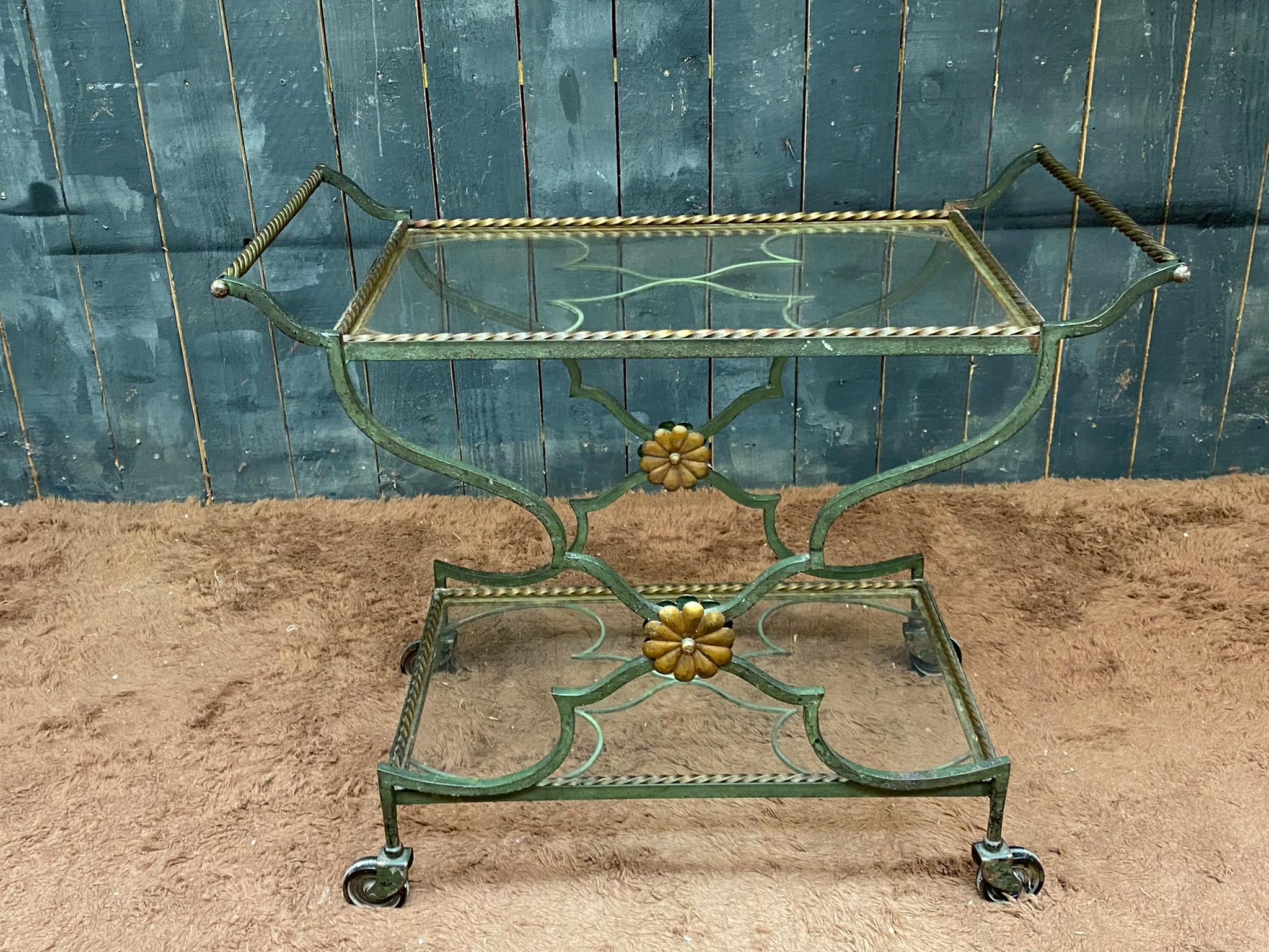 Art Deco trolley, or art deco bar cart in green and gold patinated metal, circa 1930 For Sale