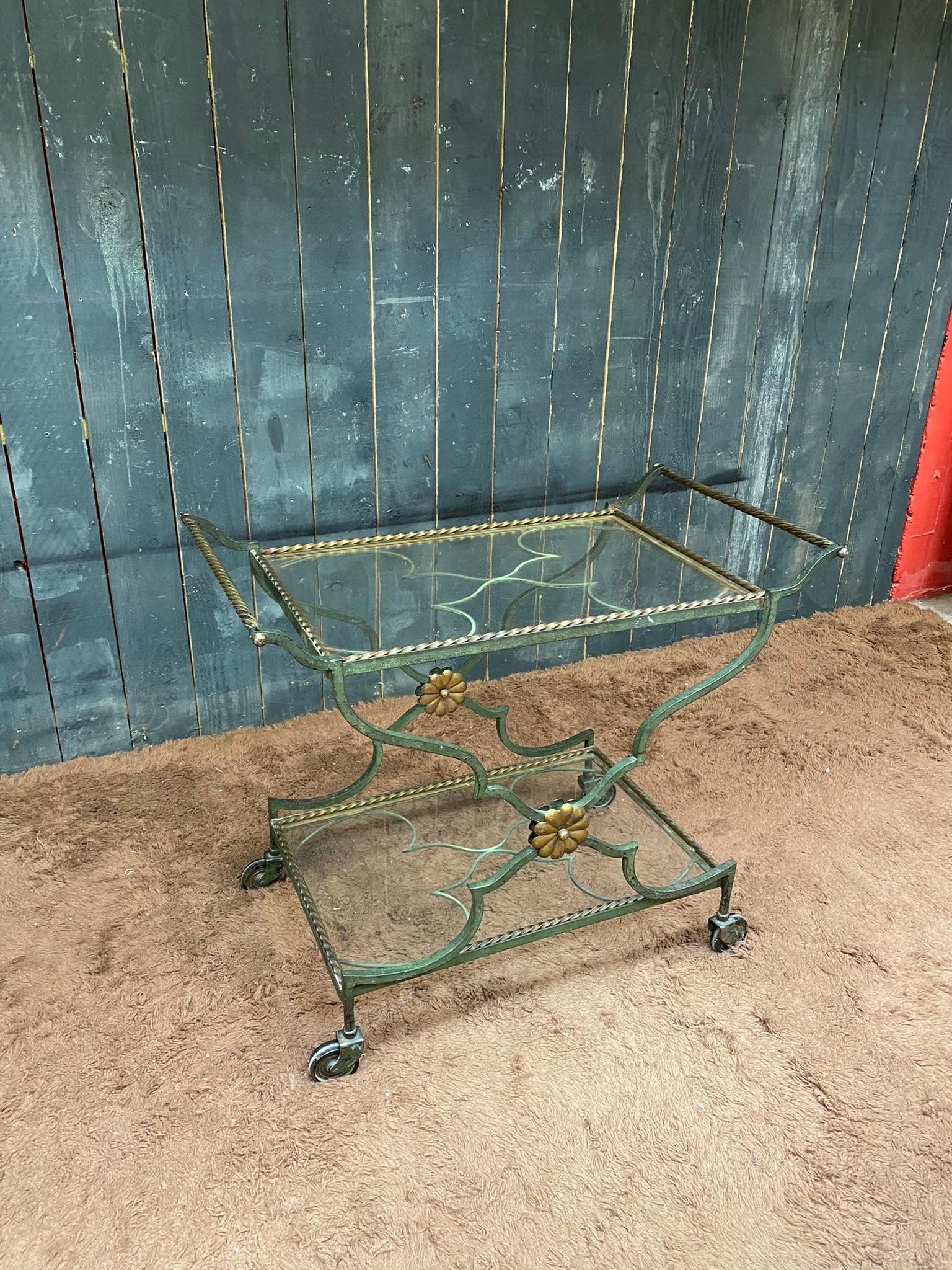 French trolley, or art deco bar cart in green and gold patinated metal, circa 1930 For Sale