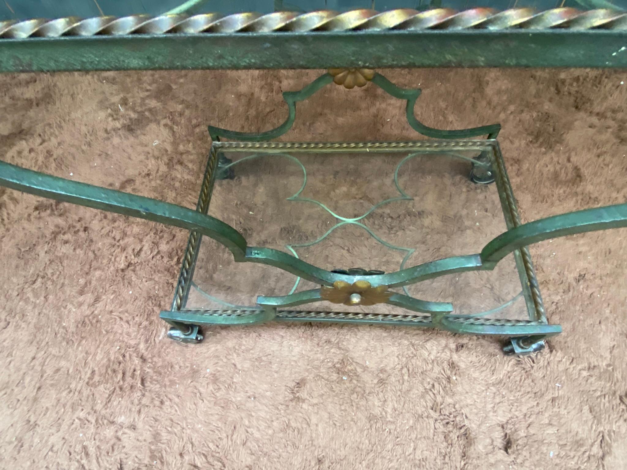 Patinated trolley, or art deco bar cart in green and gold patinated metal, circa 1930 For Sale