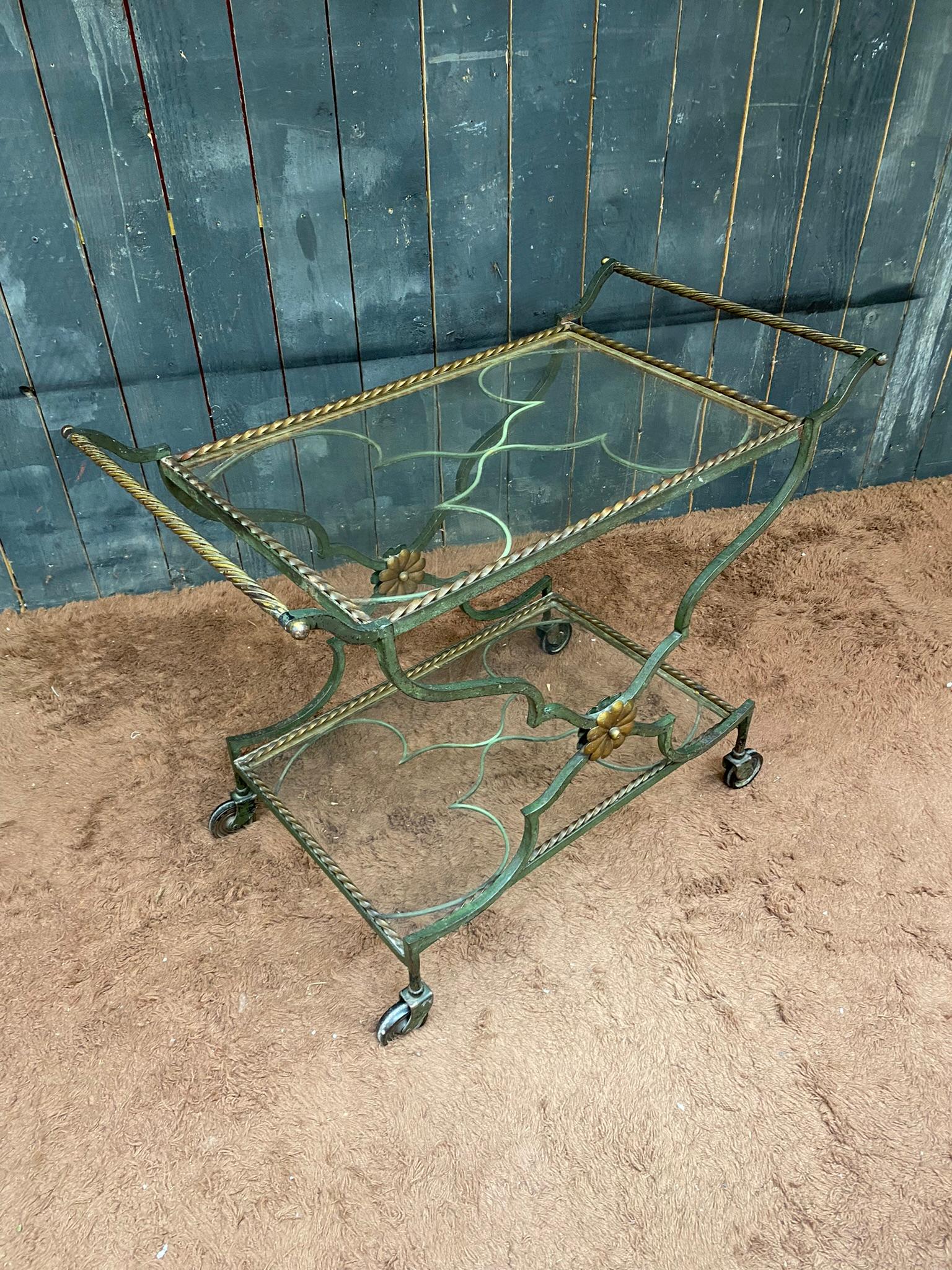 Mid-20th Century trolley, or art deco bar cart in green and gold patinated metal, circa 1930 For Sale