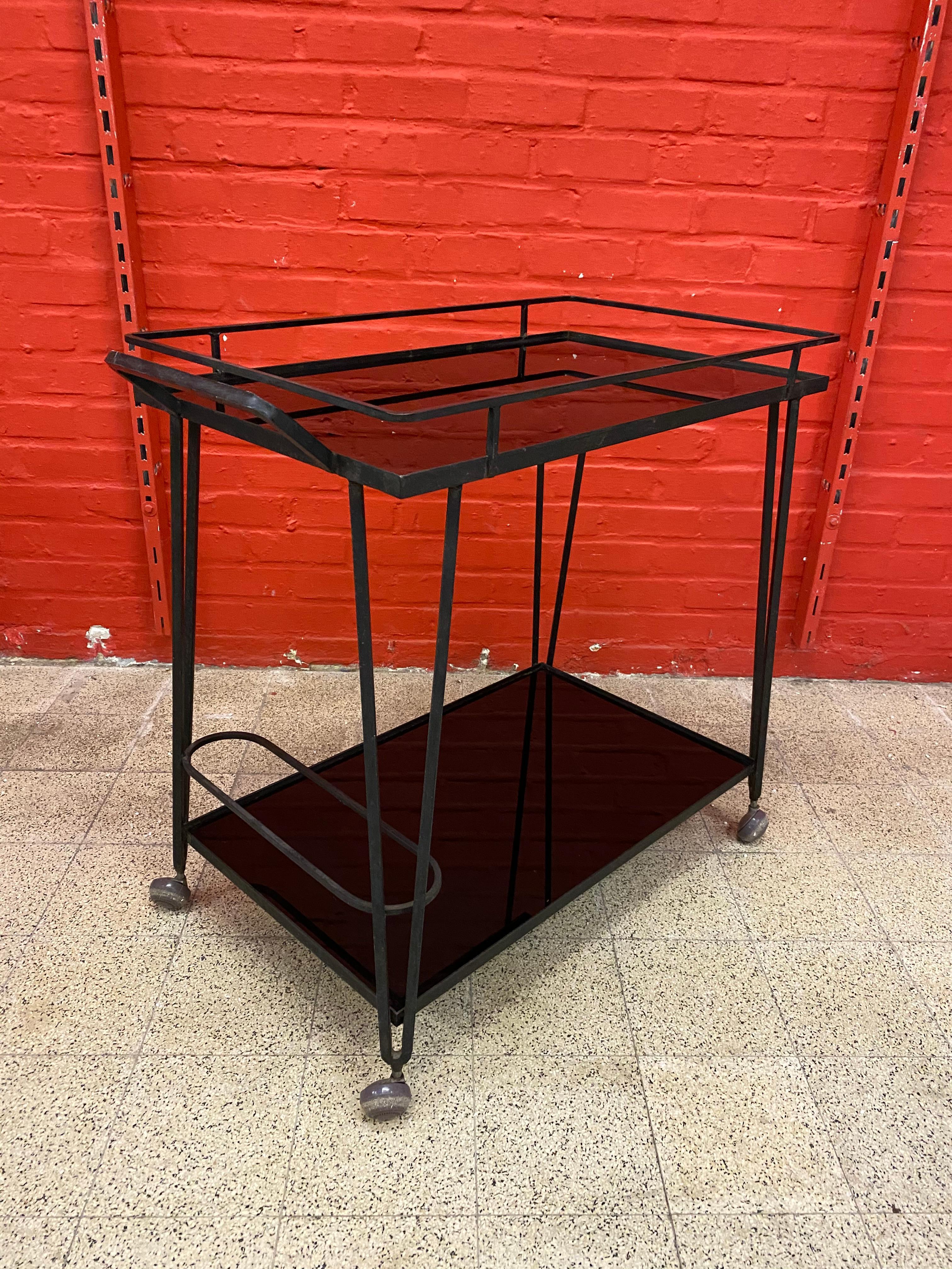 Trolley or Bar Cart in Lacquered Wrought Iron, Trays in Black Opaline 'Marbrite' In Good Condition For Sale In Saint-Ouen, FR