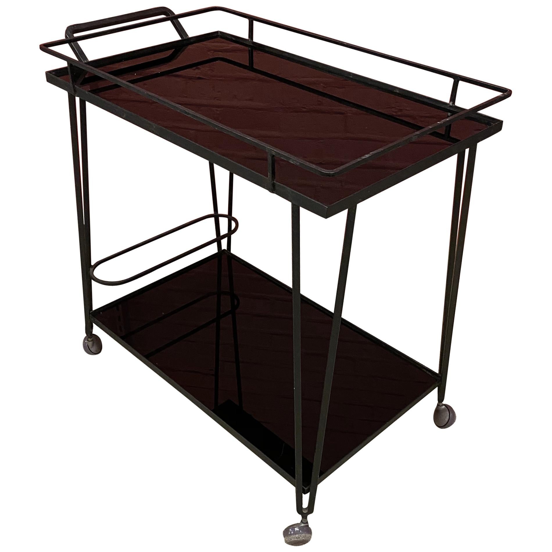 Trolley or Bar Cart in Lacquered Wrought Iron, Trays in Black Opaline 'Marbrite'