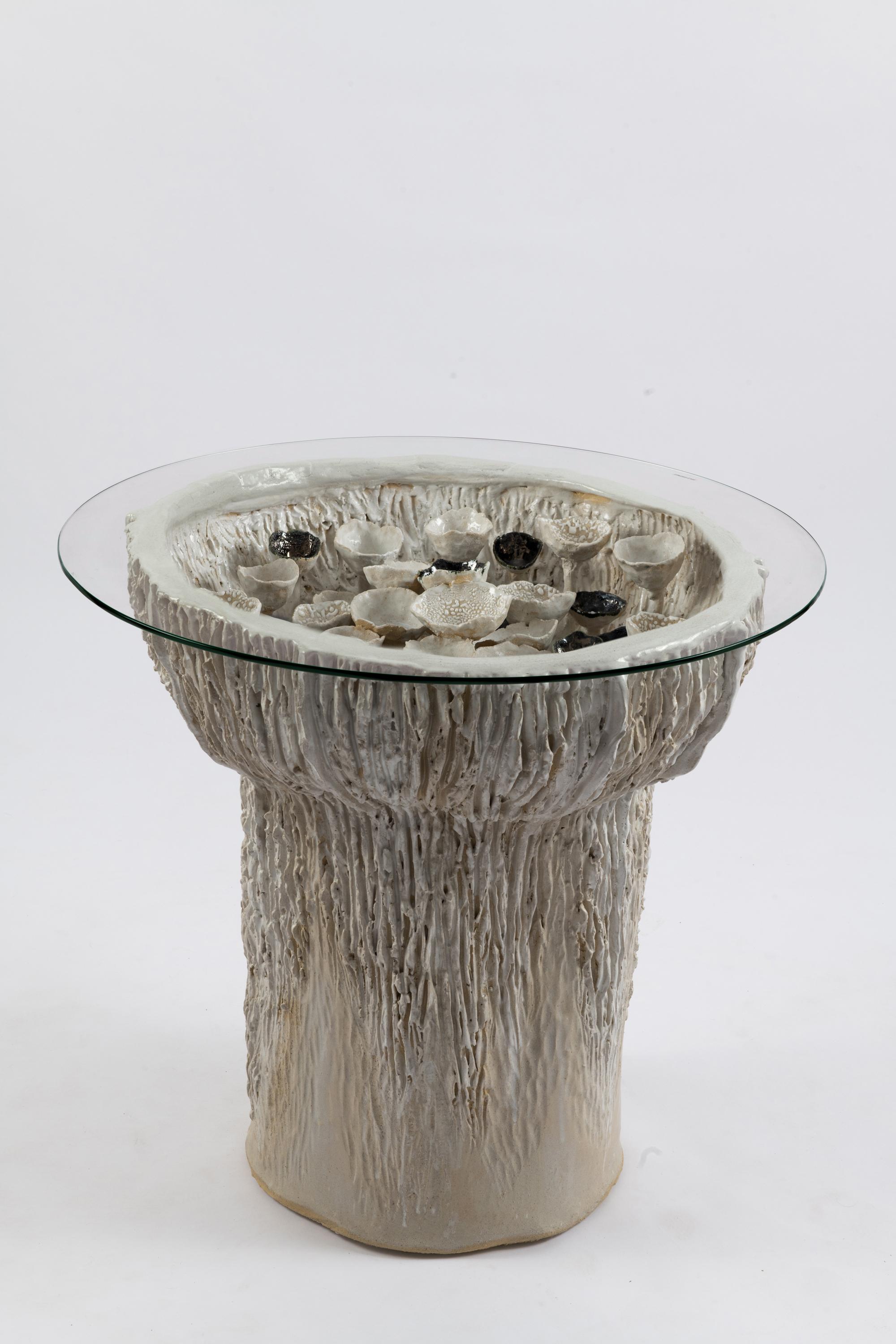 Trombetta Table, 2022
Glazed stoneware with glass top
Measures: 26 x 28 x 28 in 
Top: 28 x 28 in; Base: 25 x 25 in.