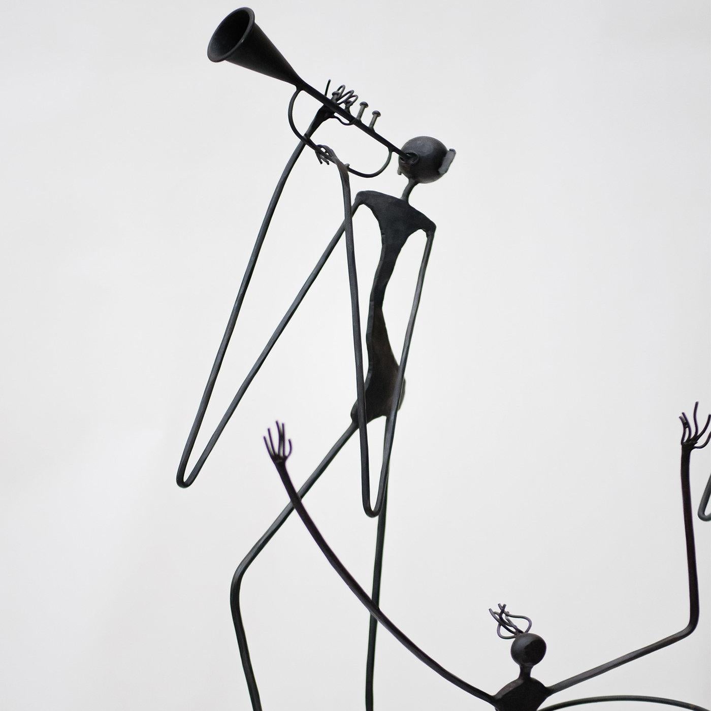 This flattering, anthropomorphic sculpture in wrought iron is a spiritual and concrete homage to jazz, expressing through dramatic and unproportioned volumes the genre's characteristic elegance and grandeur. It depicts, in a stylized, visionary