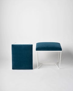 "Trombone" White Enamel & Blue Mohair Benches by Facto Atelier, France, 2020