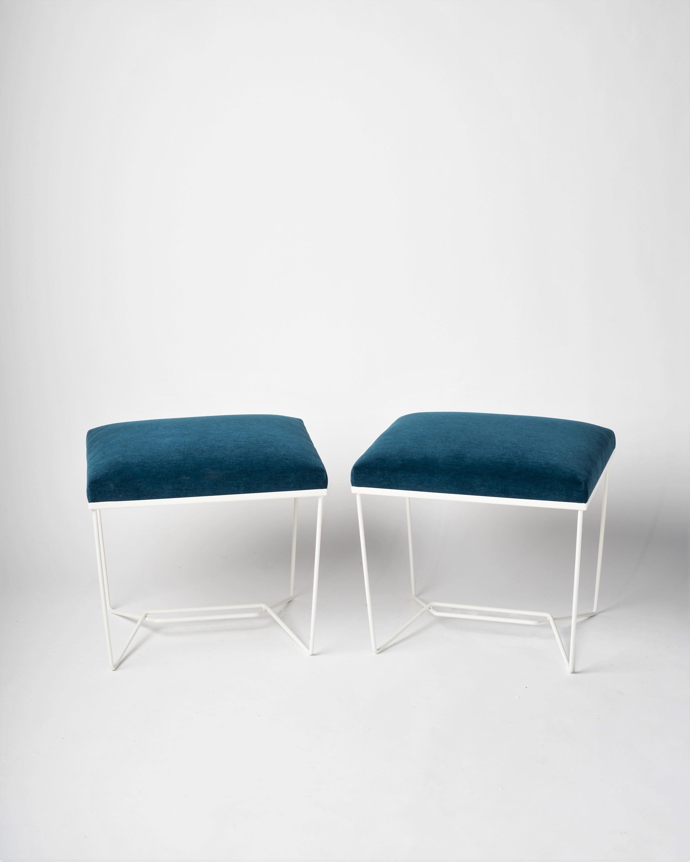 "Trombone" White Enamel & Blue Mohair Benches by Facto Atelier, France, 2020 For Sale