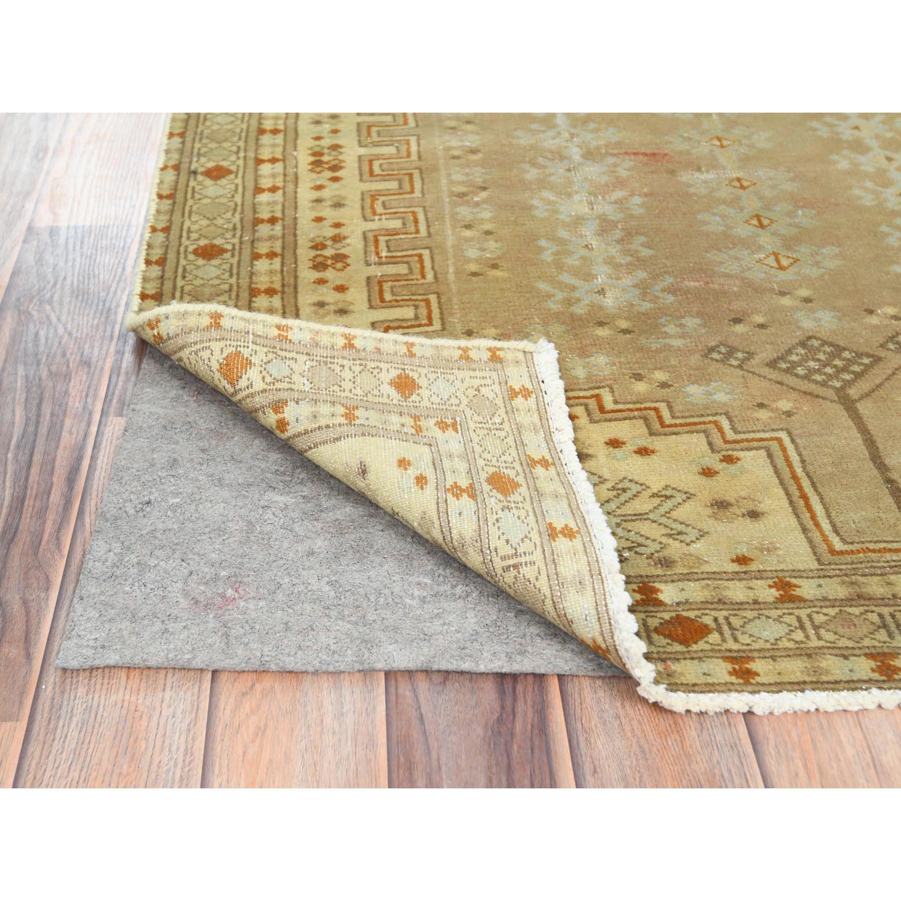 Medieval Trombone Yellow Soft Wool Hand Knotted Vintage Persian Shiraz Worn Down Rug