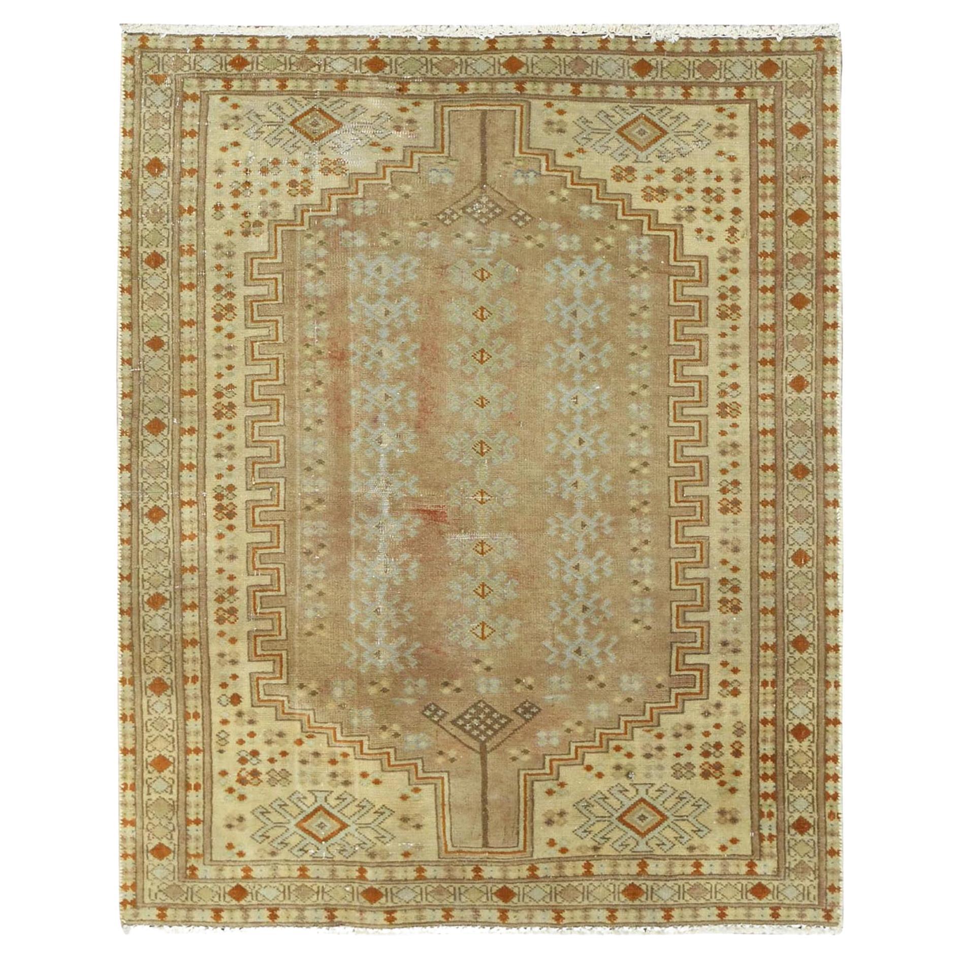 Trombone Yellow Soft Wool Hand Knotted Vintage Persian Shiraz Worn Down Rug