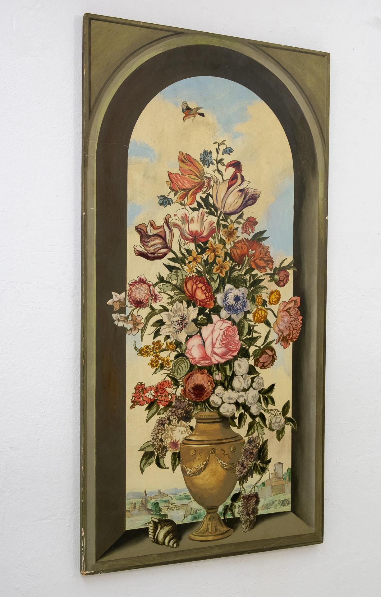 Trompe D' Euille wooden panel. Manufactured by Palladio Italy hand painted flower still live, 1960s
very nice picture. Signed.