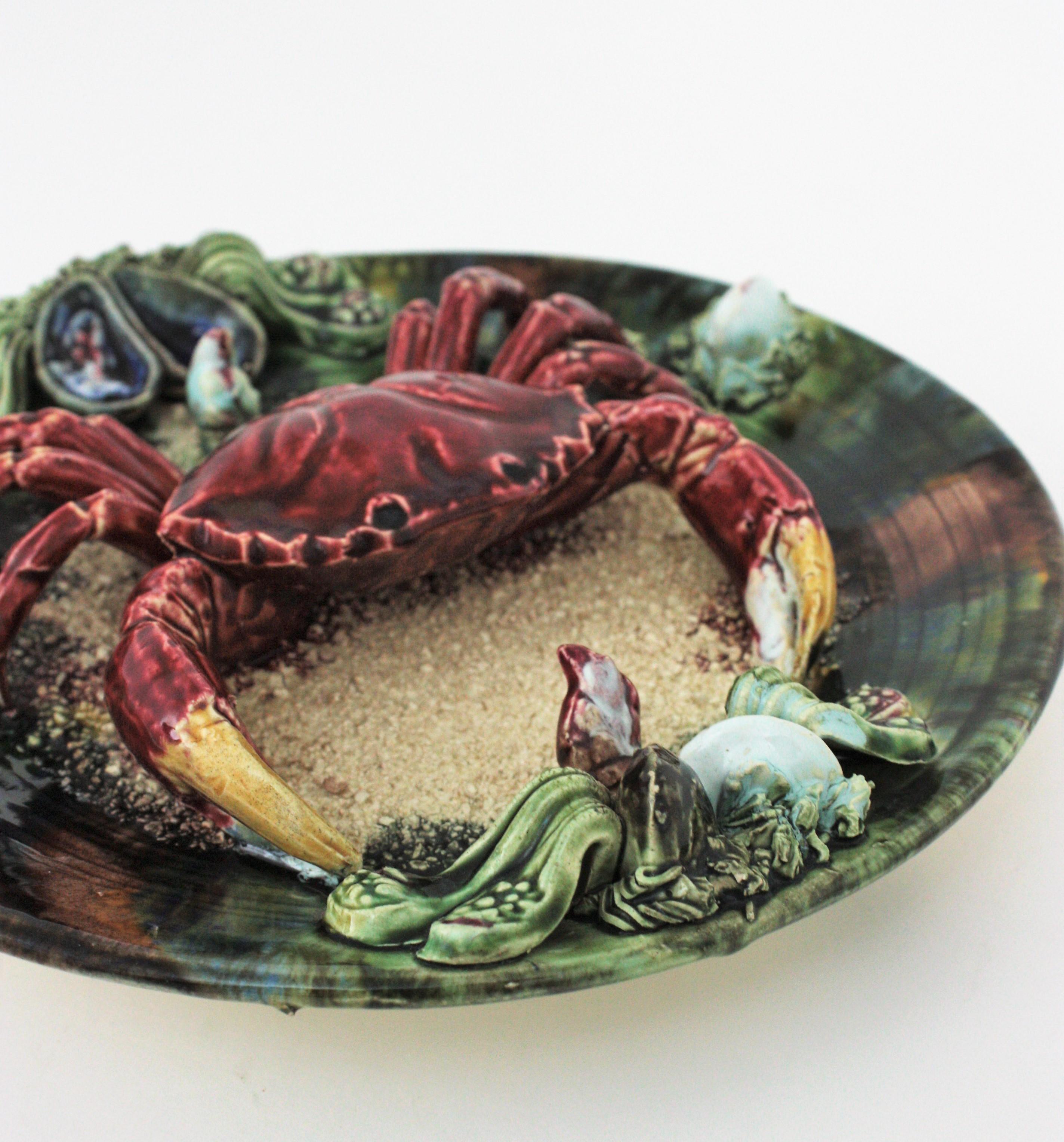 Portuguese Trompe L' Oeil Crab Decorative Wall Plate in Majolica Ceramic For Sale