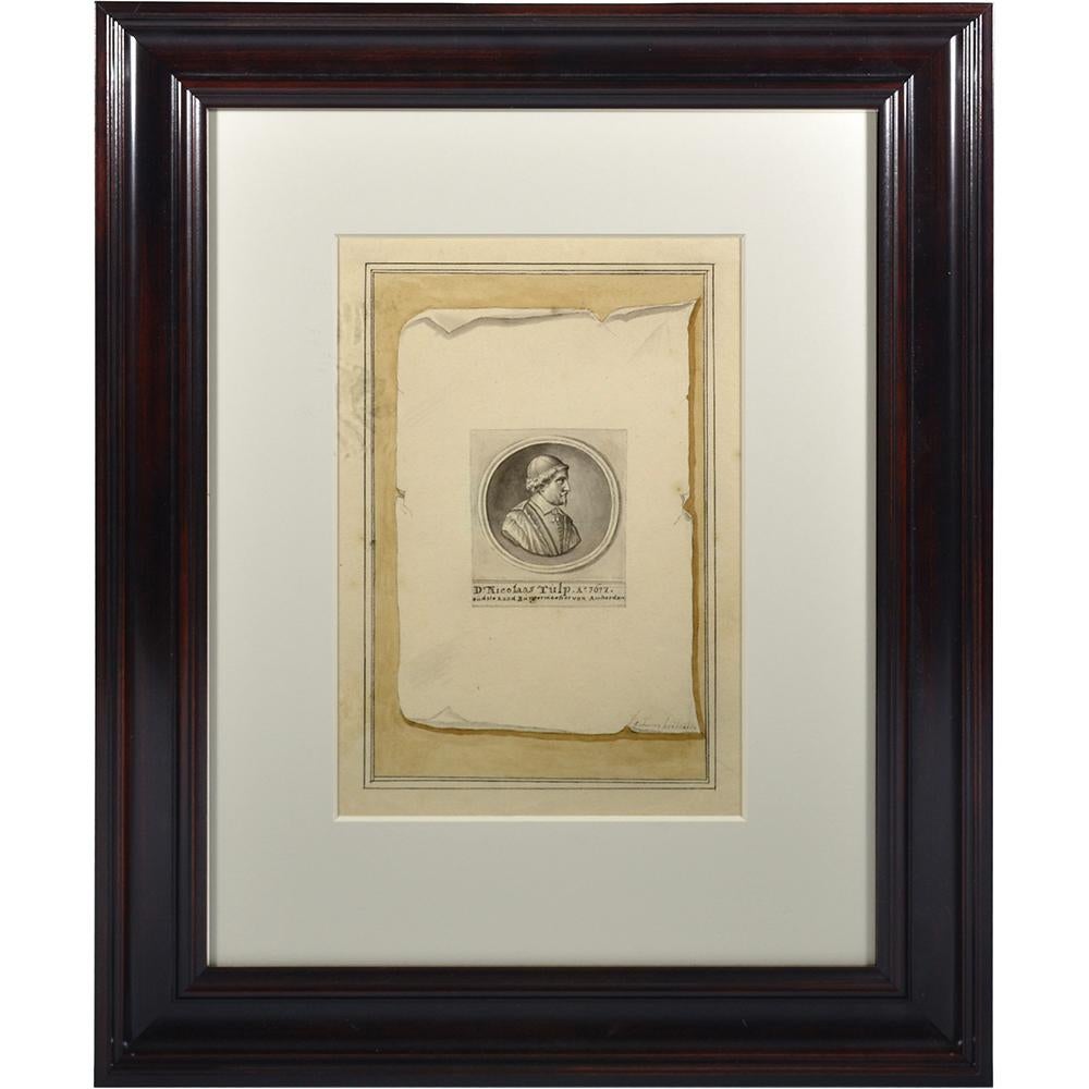 Trompe l'oeil incorniciato della medaglia d'argento che celebra il quarto mandato del dottor Nicolaes Tulp come sindaco di Amsterdam
 
Penna e inchiostro nero con lavaggio grigio e giallo-marrone, su gesso nero, con linee di inquadramento in