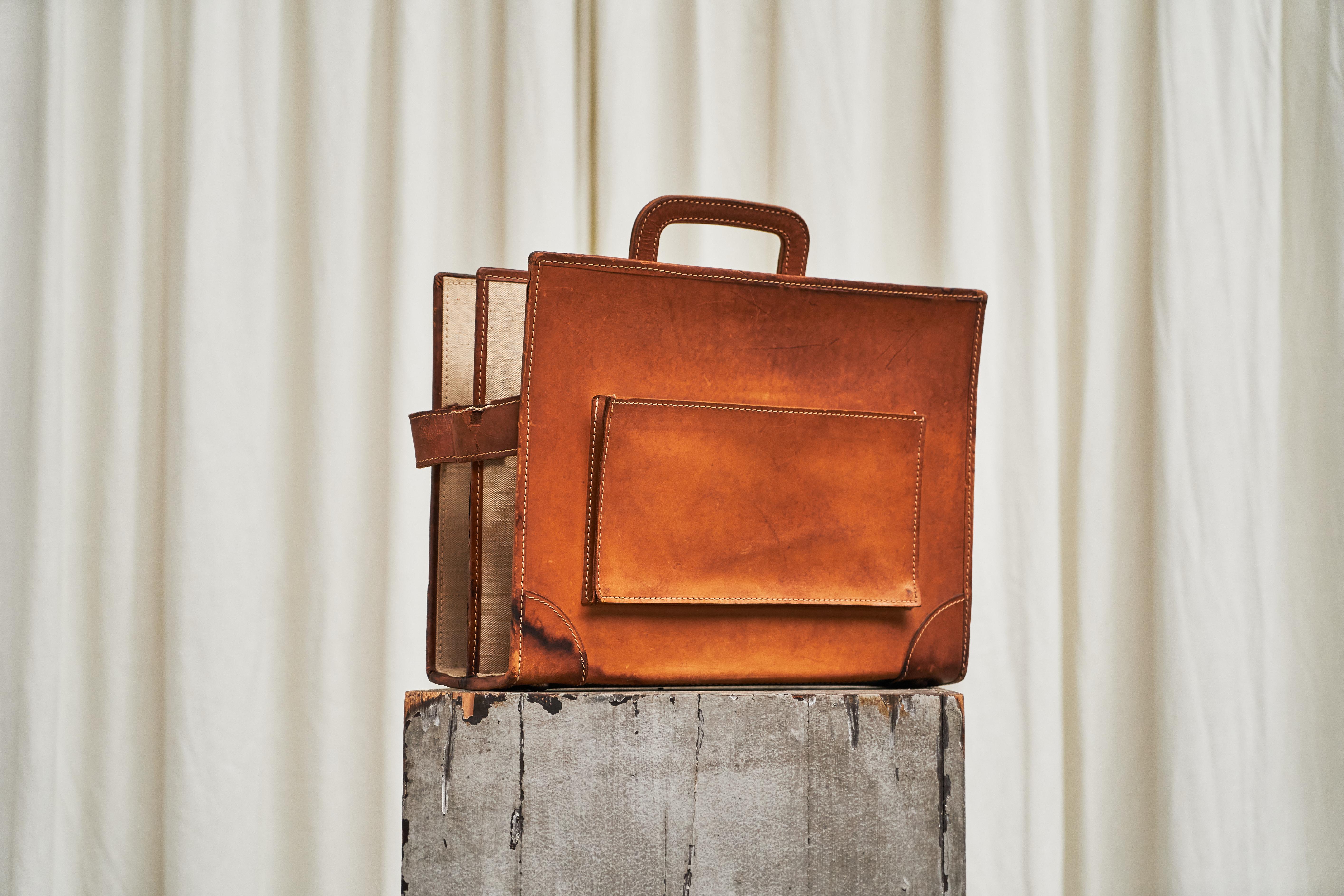 Mid-Century Modern Trompe-l'oeil 'Briefcase' Magazine Stand in Patinated Cognac Leather and Canvas For Sale