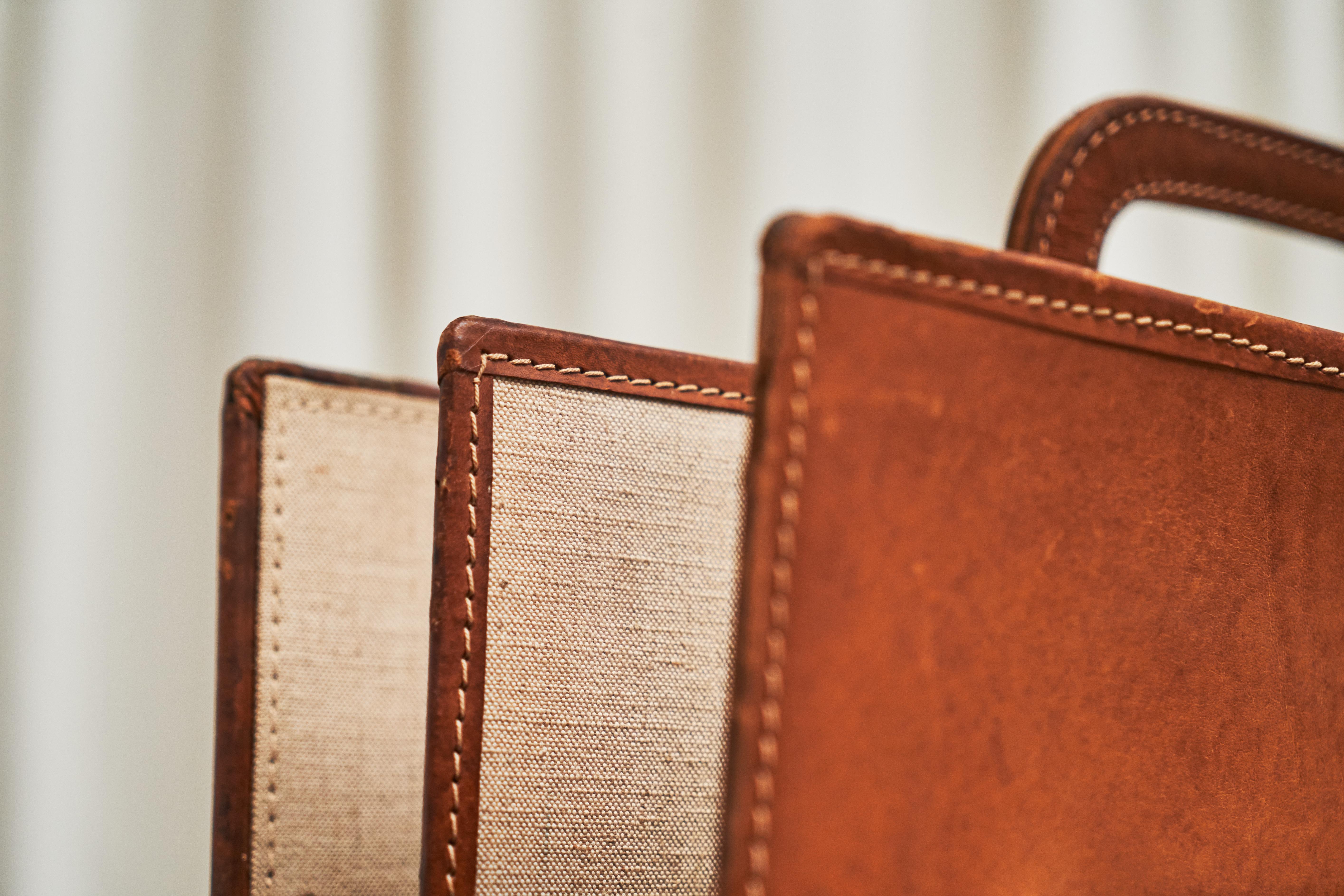 European Trompe-l'oeil 'Briefcase' Magazine Stand in Patinated Cognac Leather and Canvas For Sale