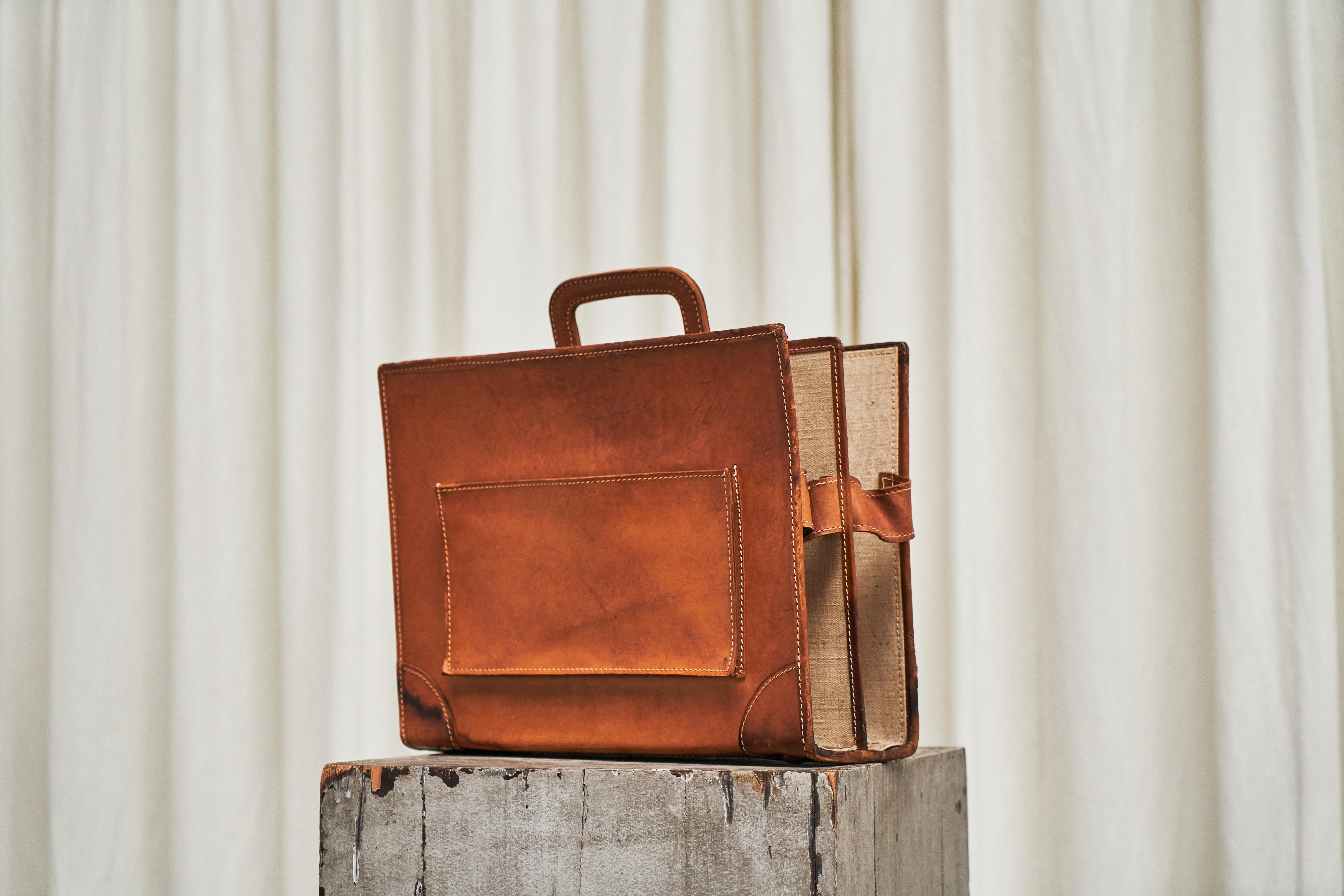 Hand-Crafted Trompe-l'oeil 'Briefcase' Magazine Stand in Patinated Cognac Leather and Canvas For Sale