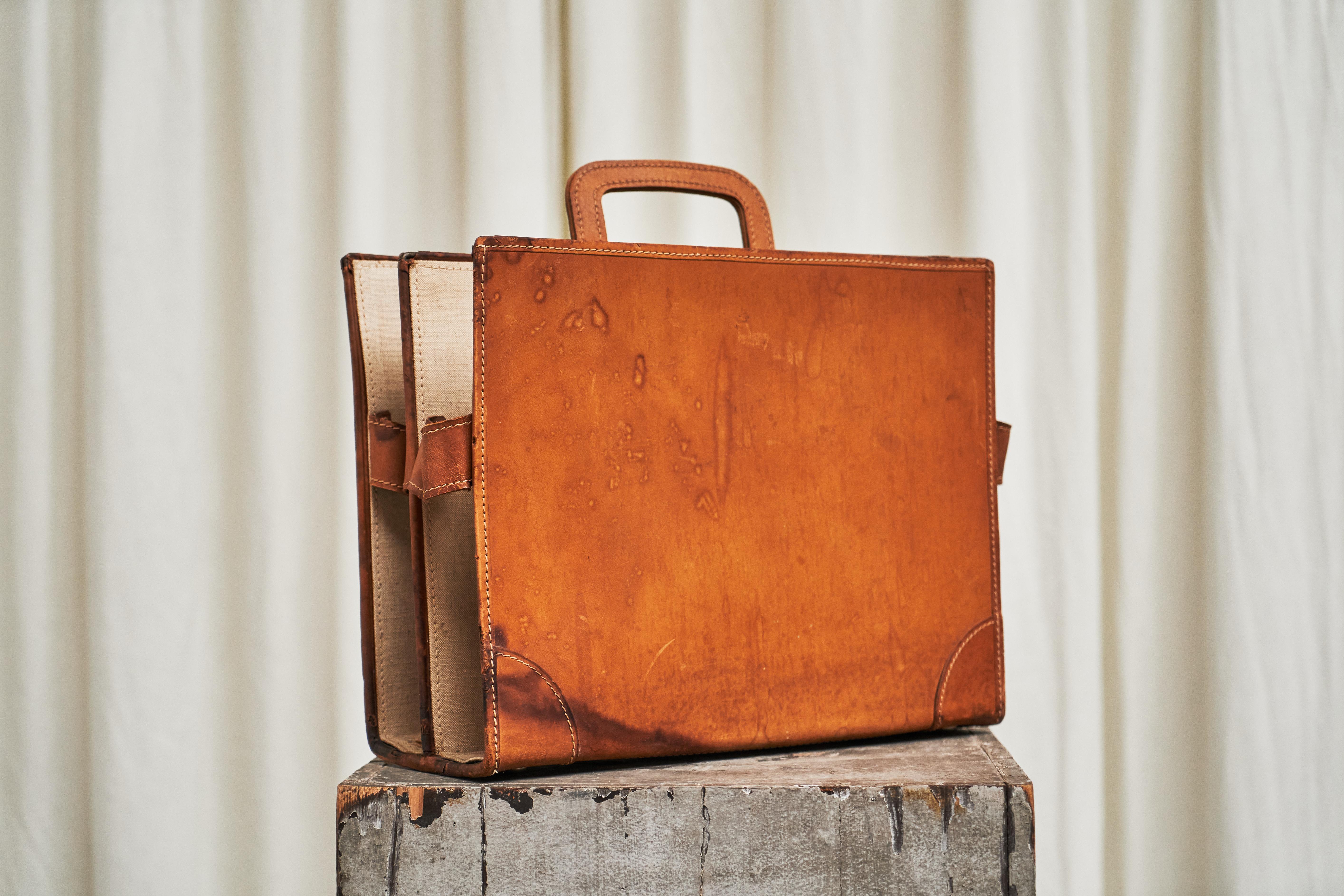 20th Century Trompe-l'oeil 'Briefcase' Magazine Stand in Patinated Cognac Leather and Canvas For Sale