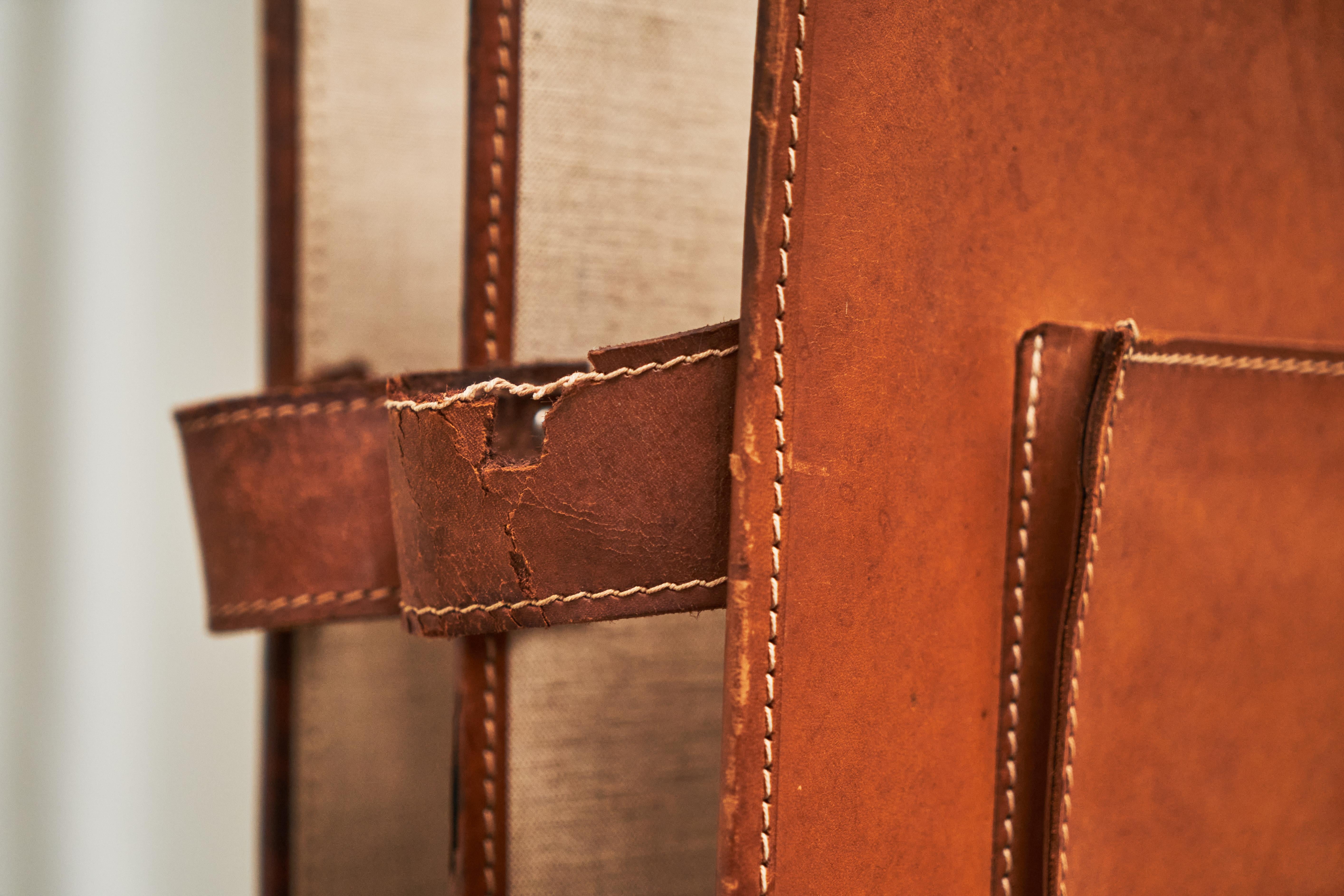 Trompe-l'oeil 'Briefcase' Magazine Stand in Patinated Cognac Leather and Canvas For Sale 1